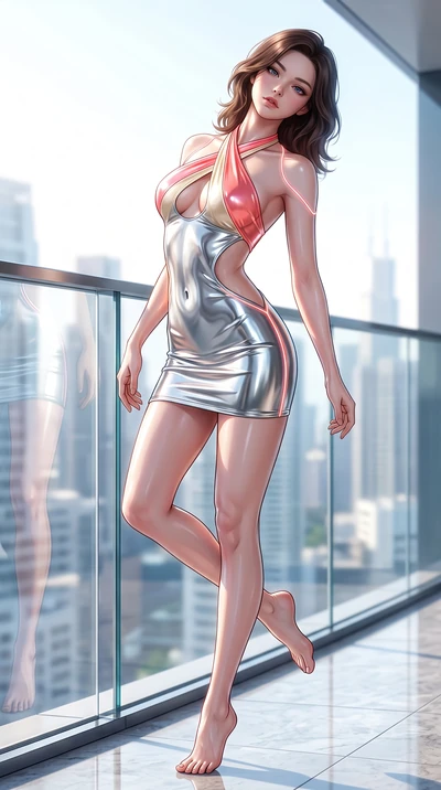 score_9, masterpiece, best quality, ultra-detailed, high-budget anime keyframe, semi-realistic 3D game render, editorial fashion photography, tasteful artistic composition, Korean woman. low angle full-body shot from head to toe showing her feet, fil