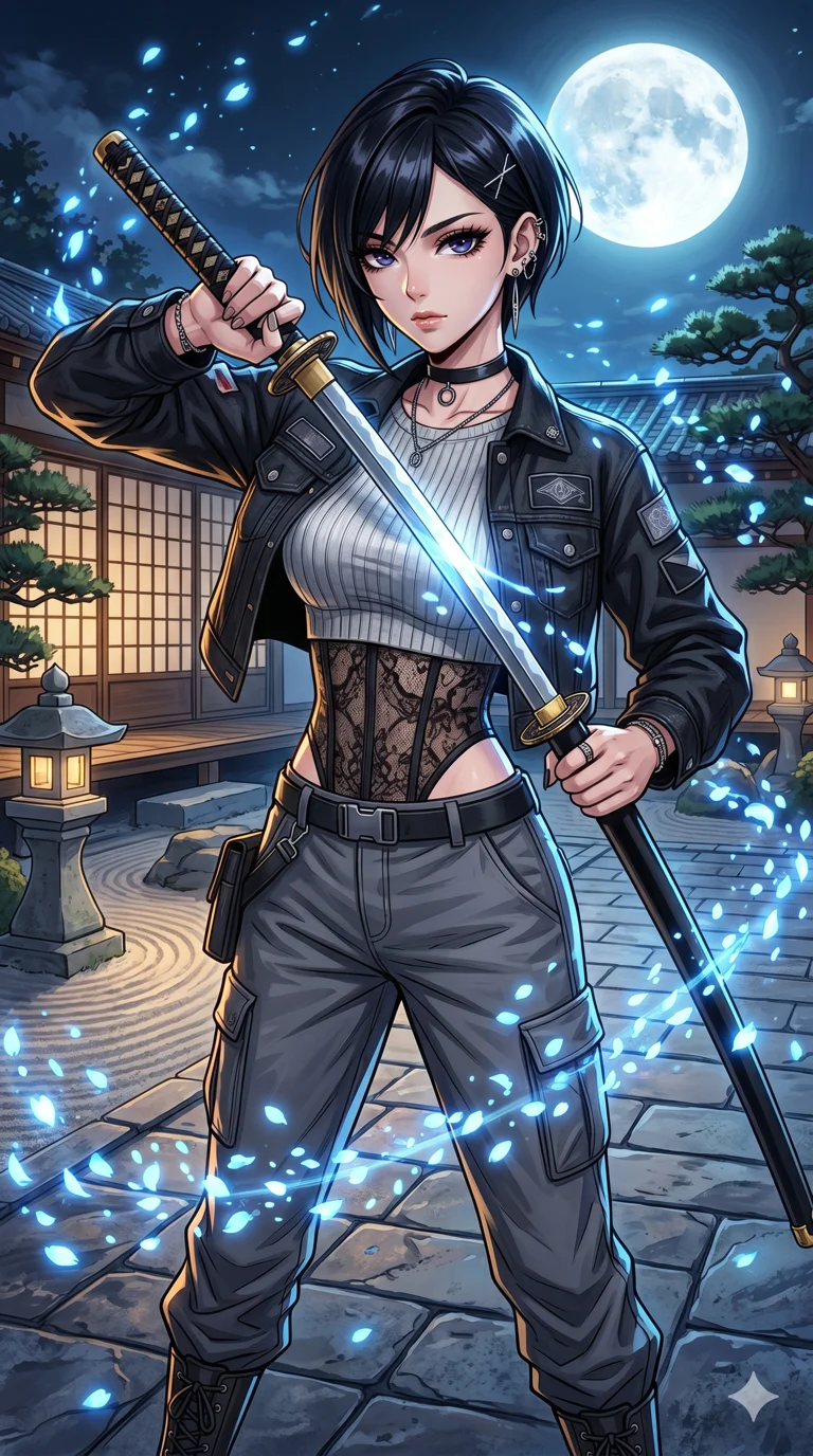 score_9, masterpiece, best quality, ultra-detailed, High-budget Anime Keyframe, beautiful Japanese anime girl. Upper body close-up from the thighs up, character filling the screen for maximum presence. Unsheathing a katana while glowing blue petals fly in a traditional courtyard under a bright full moon. She has an absolutely perfect 8-heads proportion, an exceptionally tall and slender female figure with impossibly long slender legs and an ultra-slim waist. Sharp v-shaped jawline, high-bridge nose, intricate jewel-like eyes with depth, thick eyelashes, glossy lips with a natural sheen. Wearing a Urban Trendsetter outfit: silver ribbed bodycon dress, crop top with high-waist denim, sheer corset with cargo pants. Background is a bright and colorful environment with cinematic lighting, dynamic particle effects, and high-contrast shadows. 2k, ultra detail, master piece, 9:16 ratio