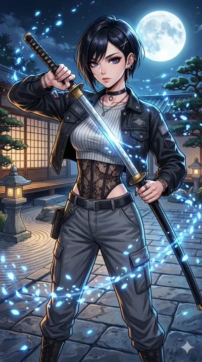 score_9, masterpiece, best quality, ultra-detailed, High-budget Anime Keyframe, beautiful Japanese anime girl. Upper body close-up from the thighs up, character filling the screen for maximum presence. Unsheathing a katana while glowing blue petals f
