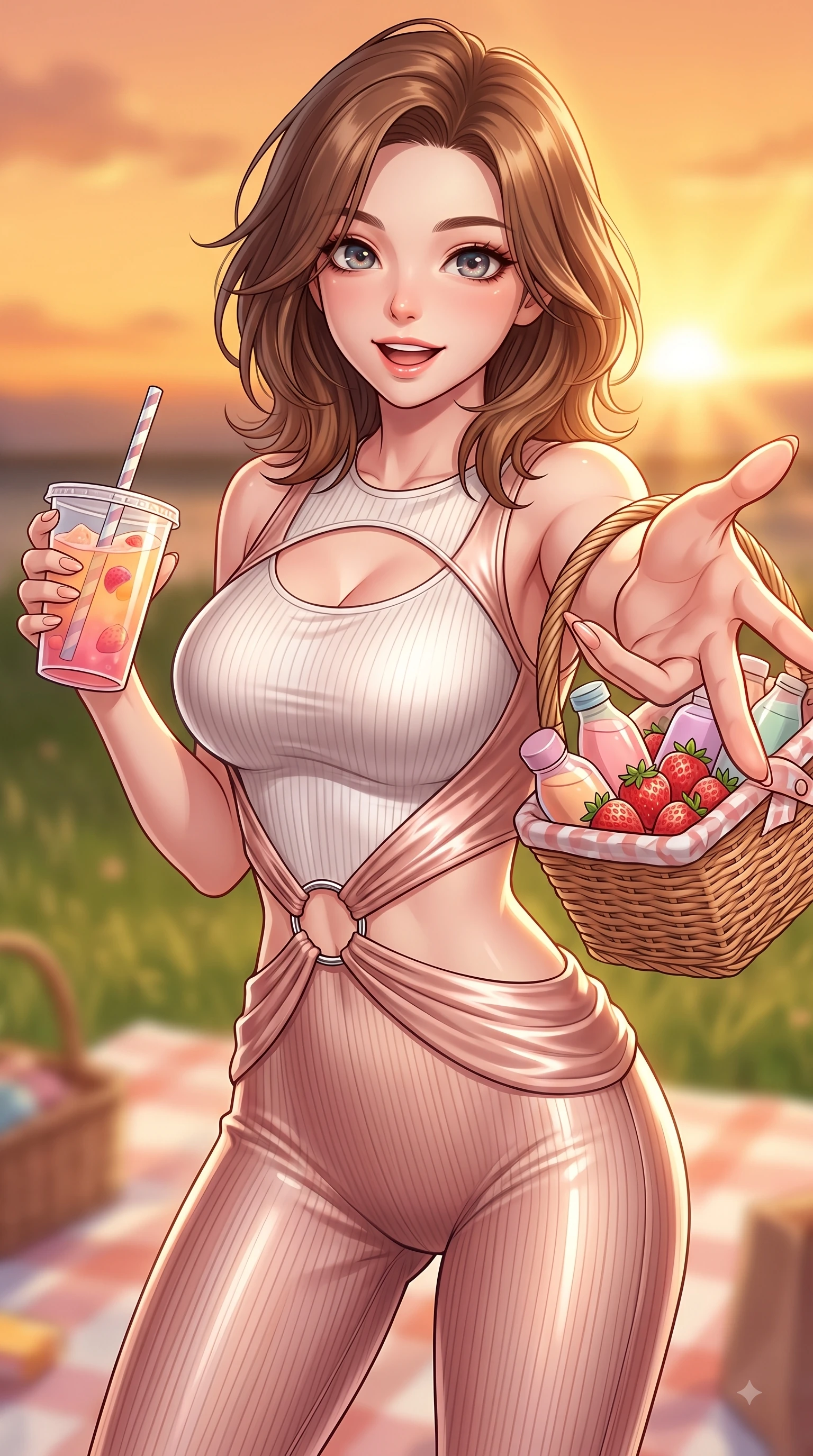 score_9, masterpiece, best quality, ultra-detailed, high-budget anime keyframe, editorial fashion photography, tasteful artistic composition, Korean woman. close-up cowboy shot from the waist and thighs up, the character dominates the composition, filling the frame with her large presence, background elements kept in soft focus. Playful cute expression with a warm smile and parted lips, looking right into the camera with vibrant energy while reaching one hand out toward the camera with a joyful cute grin, holding a straw drink, picnic baskets, fresh strawberries, and pastel drinks adding a sweet girlhood charm. She has an exceptionally elegant, slender, and willowy female figure with an ultra-slim waist, a gracefully sculpted slender torso, and a refined silhouette. sharp v-shaped jawline, high-bridge nose, intricate jewel-like eyes with depth, thick eyelashes, glossy lips with a natural sheen, flawlessly proportioned anatomical accuracy, natural body alignment, perfectly sculpted elegant limbs, clean dynamic posture without body distortion. wearing a form-fitting ribbed activewear set with elegant collar cutouts in pearl white and rose gold, crafted from lustrous satin jersey with fluid draping, accented with delicate chrome ring hardware framing her waist, the elegant draped fit framing her graceful clavicle and slender torso. bathed in glorious golden hour sunset sunbeams and warm amber sky radiance. highly saturated vibrant anime colors, detailed shading with soft gradients, rich glossy textures, high-contrast stereoscopic depth, volumetric dynamic lighting, master piece, 9:16 ratio