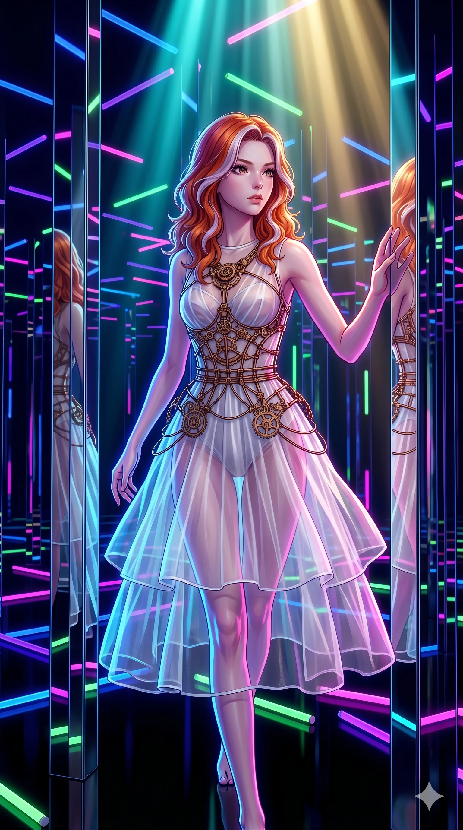score_9, masterpiece, best quality, ultra-detailed, high-budget anime keyframe, Japanese woman. upper body close-up from the thighs up, character filling the screen for maximum presence. navigating a kinetic light-sculpture mirror maze, passing between floating chromium mirror pillars and rotating LED sticks. She has an absolutely perfect 8-heads proportion, an exceptionally tall and slender female figure with impossibly long slender legs and an ultra-slim waist. V-shaped jawline, high-bridge nose, intricate jewel-like eyes with depth, thick eyelashes, glossy lips with a natural sheen.. wearing a chrono-gear wire harness couture, featuring micro-bronze gear wire harness cinching her waist, over a sheer white organza dress. bathed in brilliant cinematic volumetric lighting and intense neon rim light highlighting her slender form. 2k, ultra detail, master piece, 9:16 ratio