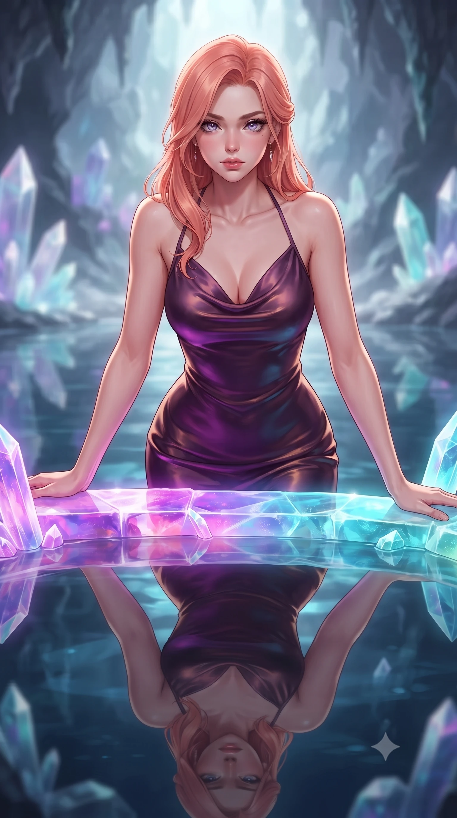 score_9, masterpiece, best quality, ultra-detailed, high-budget anime keyframe, editorial fashion photography, tasteful artistic composition, Japanese woman. close-up cowboy shot from the waist and thighs up, the character dominates the composition, filling the frame with her large presence, background elements kept in soft focus. Leaning slightly forward with a composed, seductive gaze under soft glowing light stepping along a glowing quartz crystal bridge over a subterranean mirror lake, still mirror-like water below reflecting her statuesque figure flawlessly. She has an exceptionally elegant, slender, and willowy female figure with an ultra-slim waist, a gracefully sculpted slender torso, and a refined silhouette. sharp v-shaped jawline, high-bridge nose, intricate jewel-like eyes with depth, thick eyelashes, glossy lips with a natural sheen. wearing an elegant cowl-neck satin midi dress with a draped neckline in plum purple and gold filigree, formed from sleek second-skin neoprene, complemented by criss-cross back straps highlighting her bare shoulders, the sleek second-skin texture accentuating her magnetic presence. illuminated by radiant purple, magenta, and cyan crystal inner glow. highly saturated vibrant anime colors, detailed shading with soft gradients, rich glossy textures, high-contrast stereoscopic depth, volumetric dynamic lighting, master piece, 9:16 ratio
