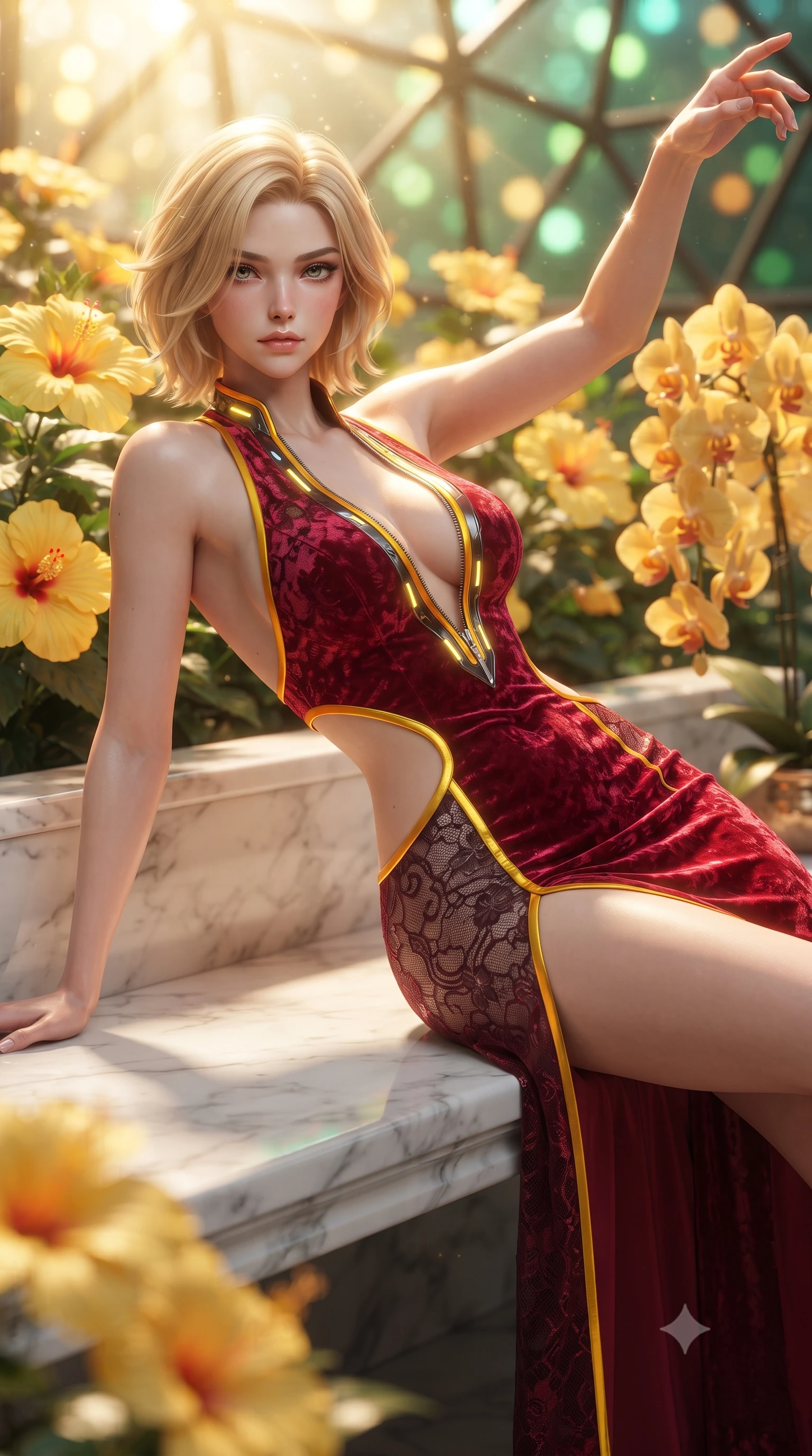 score_9, masterpiece, best quality, ultra-detailed, high-budget anime keyframe, editorial fashion photography, tasteful artistic composition, Caucasian woman. close-up cowboy shot from the waist and thighs up, the character dominates the composition, filling the frame with her large presence. extending one arm gracefully toward the light while her torso arches in a sleek, alluring curve with magnetic intensity while reclining along a polished marble bench surrounded by blooming yellow hibiscus with an alluring smoldering gaze. The composition keeps background elements in soft focus with creamy bokeh. golden orchid clusters and geometric glass dome panes blurred into luminous emerald and amber bokeh. She has an exceptionally elegant, slender, and willowy female figure with an ultra-slim waist, a gracefully sculpted slender torso, toned flat midriff, and a refined slim silhouette. sharp v-shaped jawline, high-bridge nose, intricate jewel-like eyes with depth, thick eyelashes, glossy lips with a natural sheen, flawlessly proportioned anatomical accuracy, strict slender model proportions, natural body alignment, perfectly sculpted long slender limbs, ultra-slim waistline, clean dynamic posture without body distortion. wearing a backless crimson crushed velvet gown with a deep plunging V-neckline, strategic hip cutouts, and an ultra-high thigh slit in vibrant sunburst canary yellow and gold trim, crafted from delicate dark lace interwoven with luminescent micro-fibers, featuring a dangerously unzipped neckline framed by glowing cybernetic accents, the glove-like aerodynamic second-skin fit tightly clinging to her ultra-slender waist and athletic curves without adding bulk, accentuating her razor-sharp statuesque lines and slim hourglass silhouette. bathed in intense volumetric golden sunbeams streaming through crystalline glass dome panes. ultra-reflective glossy finish, specular highlights, metallic sheen, high-contrast stereoscopic depth, volumetric dynamic lighting, 2k, ultra detail, master piece, 9:16 ratio