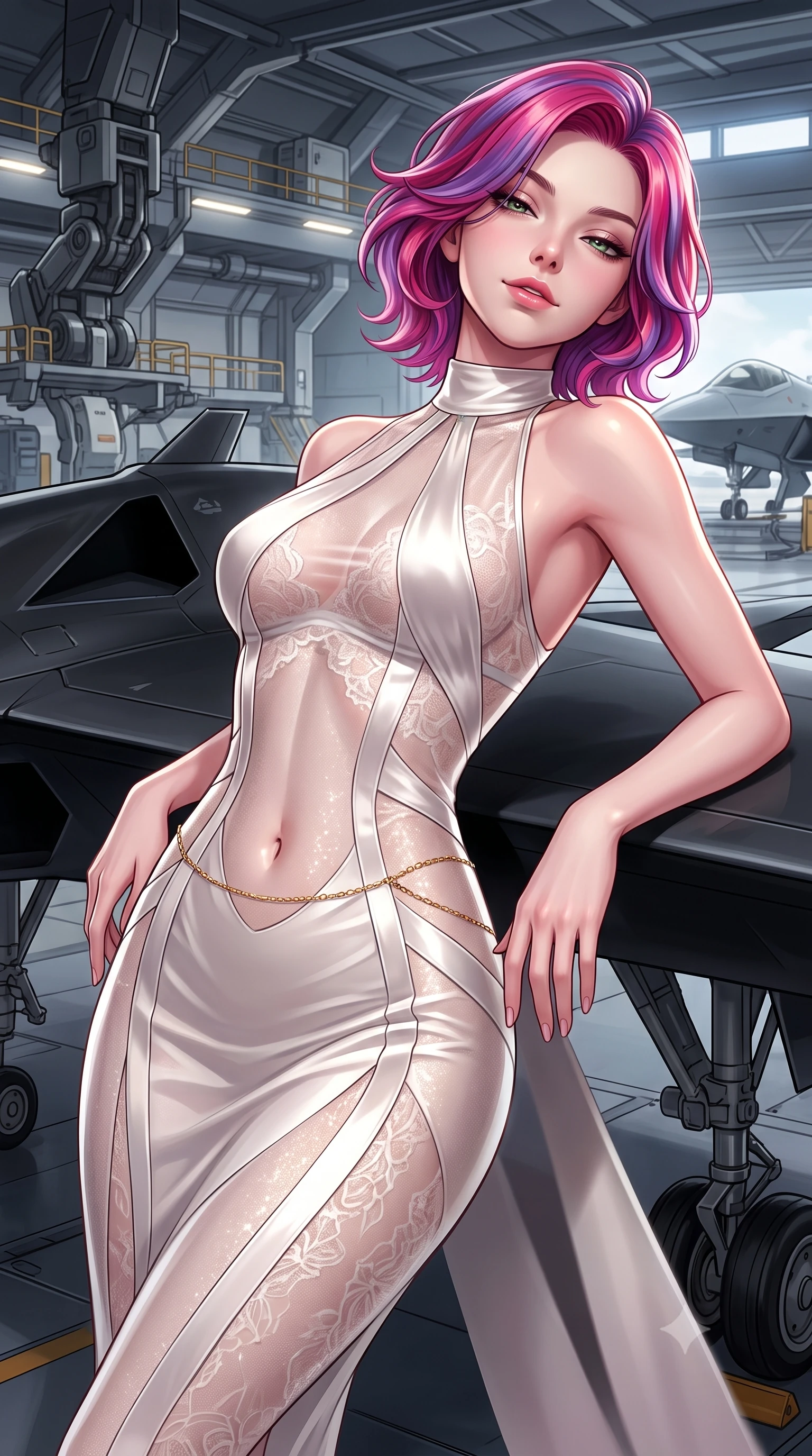 score_9, masterpiece, best quality, ultra-detailed, high-budget anime keyframe, semi-realistic 3D game render, editorial fashion photography, tasteful artistic composition, Caucasian woman. close-up cowboy shot from the waist and thighs up, the character dominates the composition, filling the frame with her large presence. leaning back against the balustrade with relaxed seductive grace, head tilted back slightly while casting a hypnotic, heavy-lidded gaze while leaning against the razor-sharp leading edge of a matte-black stealth drone with hips cocked back, arching her back with high-tech allure. The surrounding environment is rendered in vivid detail and crisp panoramic clarity: detailed high-cut tactical bodysuit tailoring, chrome buckle shine, and aerospace hangar engineering in high resolution. She has an exceptionally elegant, slender, and willowy female figure with an ultra-slim waist, flat toned midriff, narrow ribcage, and sculpted feminine hips creating an alluring, slim hourglass silhouette without bulk. sharp v-shaped jawline, high-bridge nose, sparkling eyes with hypnotic seductive depth, thick curled eyelashes, glossy parted lips with a natural dewy peach sheen, alluring bedroom-eyes with an enchanting coquettish smile, exuding magnetic siren charisma and sophisticated glamour, flawlessly proportioned anatomical accuracy, strict slender model proportions, natural body alignment, perfectly sculpted long slender limbs, ultra-slim waistline, clean dynamic posture without body distortion. wearing a provocative high-neck sheer illusion ballet dress with liquid satin ribbons contouring her curves in pure pearl alabaster with liquid platinum sheen, woven from stretch metallic lurex jersey casting radiant starlight glints across her silhouette, accented with a dainty gold belly chain resting across her flat midriff and curving hips, the glove-like clinging cut tightly following the natural contour of her hips and long slender legs with youthful 8.5-heads elegance. illuminated by composite wing surface bounce and sharp white-gold rim lights defining her collarbones, narrow waist, and curvy hips. highly saturated vibrant anime colors, detailed shading with soft gradients, rich glossy textures, high-contrast stereoscopic depth, volumetric dynamic lighting, master piece, 9:16 ratio