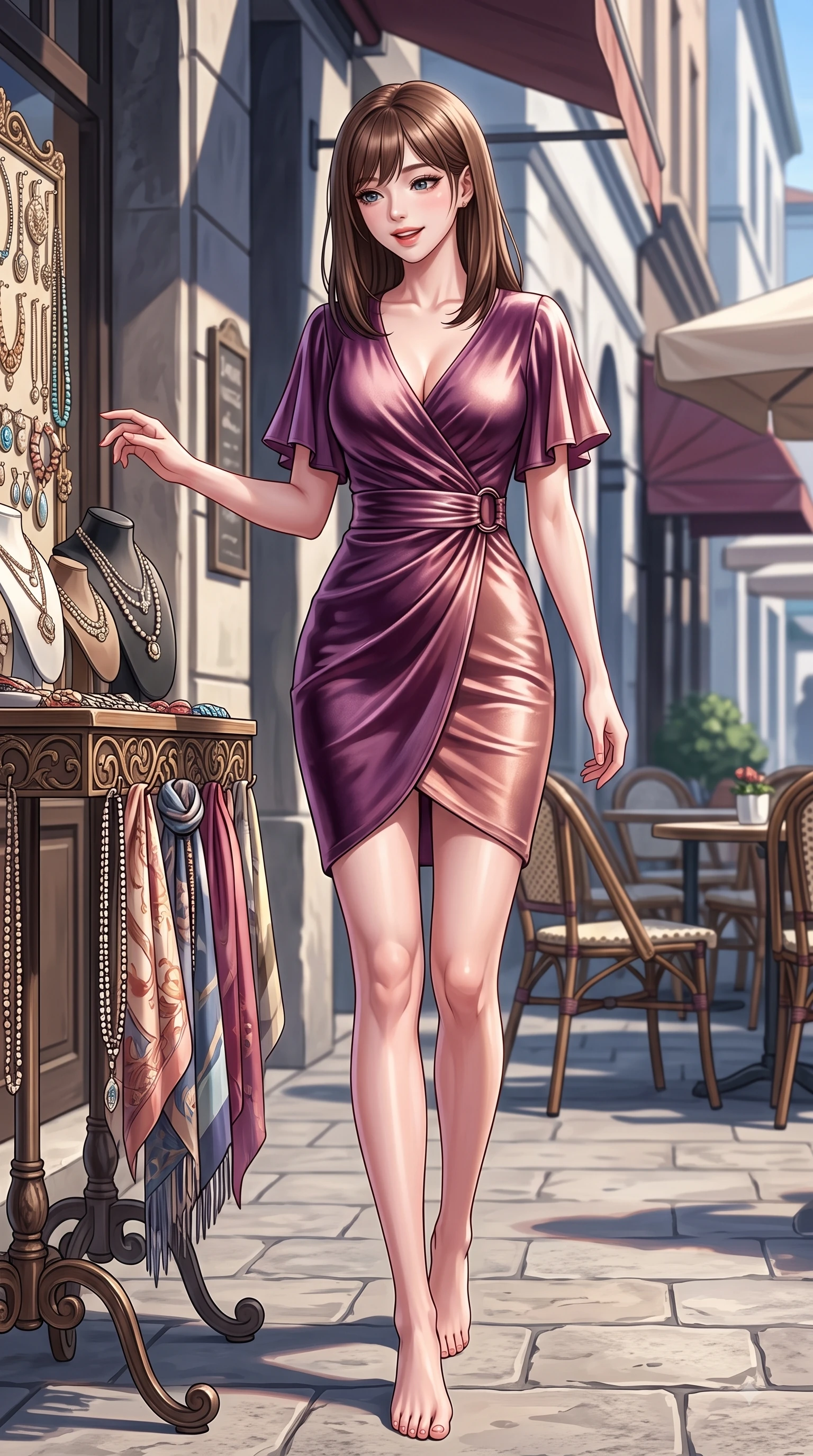 score_9, masterpiece, best quality, ultra-detailed, high-budget anime keyframe, editorial fashion photography, tasteful artistic composition, Korean woman. low angle full-body shot from head to toe showing her feet, filling the entire 9:16 vertical frame with her statuesque presence, stretching her vertical silhouette. stepping forward gracefully in mid-motion with a delighted cute expression, displaying her statuesque model proportions while reaching out playfully toward the camera while browsing an outdoor fashion accessory display. The surrounding environment is rendered in vivid detail and crisp panoramic clarity. intricate fashion displays, outdoor cafe seating, and crisp architectural shadows rendered in deep focus. She has an absolutely perfect, statuesque 8.5-heads proportion, an exceptionally tall and slender model-like female figure with impossibly long slender legs and an ultra-slim waist. sharp v-shaped jawline, high-bridge nose, intricate jewel-like eyes with depth, thick eyelashes, glossy lips with a natural sheen, flawlessly proportioned anatomical accuracy, natural body alignment, perfectly sculpted elegant limbs, clean dynamic posture without body distortion. wearing an elegant V-neck silk wrap dress with fluttery short sleeves and a cinched waist in rich plum purple and rose gold, made of lustrous stretch velvet, accented with subtle metallic ring hardware framing her waist, the tailored fabric tightly following every curve of her athletic build. illuminated by crisp clear afternoon key light and vibrant specular highlights. highly saturated vibrant anime colors, detailed shading with soft gradients, rich glossy textures, high-contrast stereoscopic depth, volumetric dynamic lighting, master piece, 9:16 ratio
