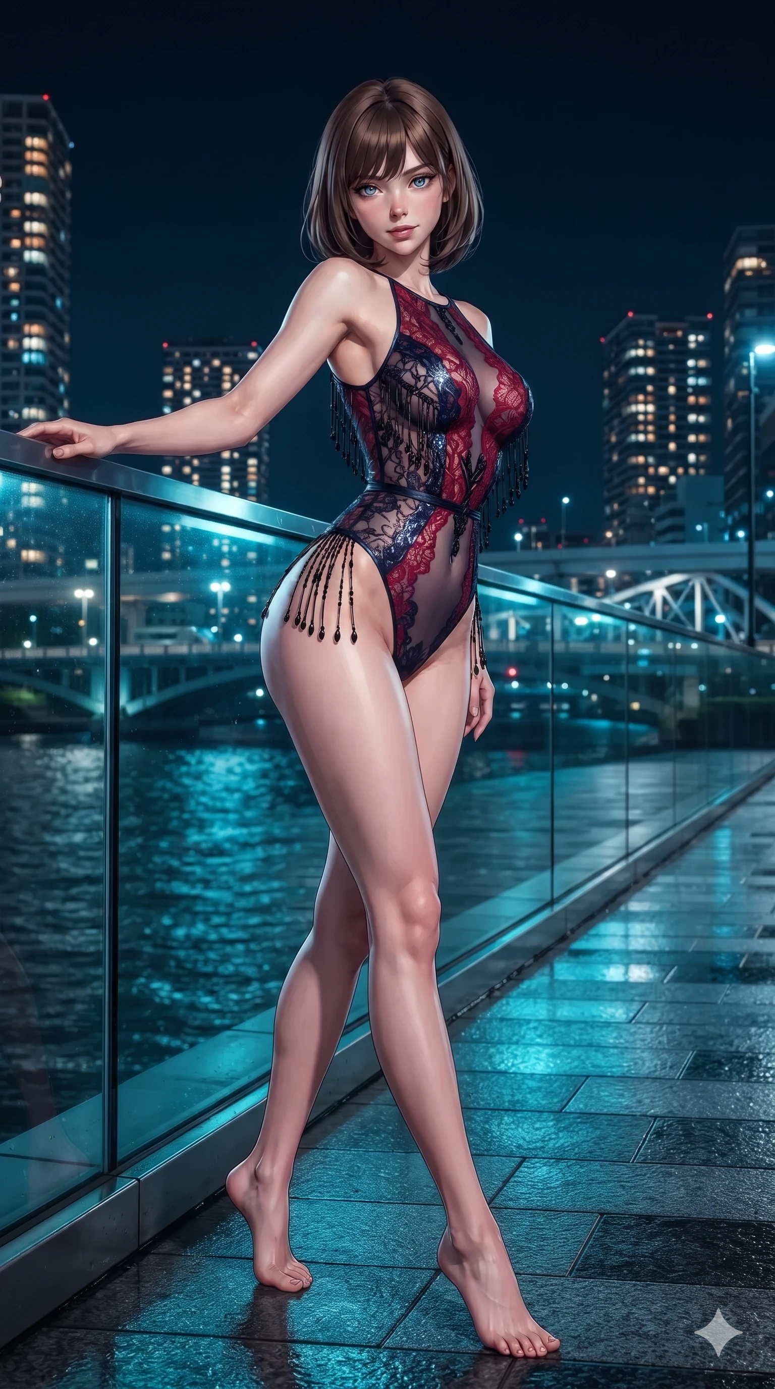 score_9, masterpiece, best quality, ultra-detailed, high-budget anime keyframe, editorial fashion photography, tasteful artistic composition, Caucasian woman. low angle full-body shot from head to toe showing her feet, filling the entire 9:16 vertical frame with her statuesque presence, stretching her vertical silhouette. leaning back against the sleek glass parapet with hips cocked back, casting an intoxicating, sultry bedroom-gaze over a bare shoulder toward the lens while walking along the illuminated riverwalk with hypnotic grace, hips swaying in an alluring sensual rhythm that accentuates her curvy silhouette. The surrounding environment is rendered in vivid detail and crisp panoramic clarity: detailed liquid-tight tailored bodysuit tailoring, chrome hardware accents, and riverside engineering in razor-sharp clarity. She has an exceptionally tall and slender model-like 8.5-heads proportion, an ultra-slim waist, a flat toned midriff, narrow delicate ribcage, and beautifully sculpted feminine hips creating a graceful, slim hourglass silhouette without any bulky heaviness, with impossibly long slender legs. sharp v-shaped jawline, high-bridge nose, intricate jewel-like dark sparkling eyes with dangerous depth, thick curled eyelashes, glossy parted lips with a rich wine sheen, smoldering seductive half-smile with bedroom-eyes, exuding effortless superiority and intoxicating dark allure, flawlessly proportioned anatomical accuracy, strict slender model proportions, natural body alignment, perfectly sculpted long slender limbs, ultra-slim waistline, clean dynamic posture without body distortion. wearing a provocative sheer-illusion nanotech lace bodysuit with strategic metallic foil flocking and high-cut leg openings in Tokyo Tower scarlet crimson and midnight indigo, crafted from semi-sheer pleated silk chiffon layered over an opaque second-skin underlayer, accented with fine jet-black beaded tassels that sway with each movement, the form-fitting cut adhering flawlessly to her sculpted flat midriff and slender torso, emphasizing her long leg lines and perfectly proportioned willowy build. illuminated by wet pavement bounce and sharp sapphire-cyan rim lights defining her razor-sharp jawline, narrow waist, and curvy hips. ultra-reflective glossy finish, specular highlights, rich textural contrasts, high-contrast stereoscopic depth, volumetric dynamic lighting, 2k, ultra detail, master piece, 9:16 ratio