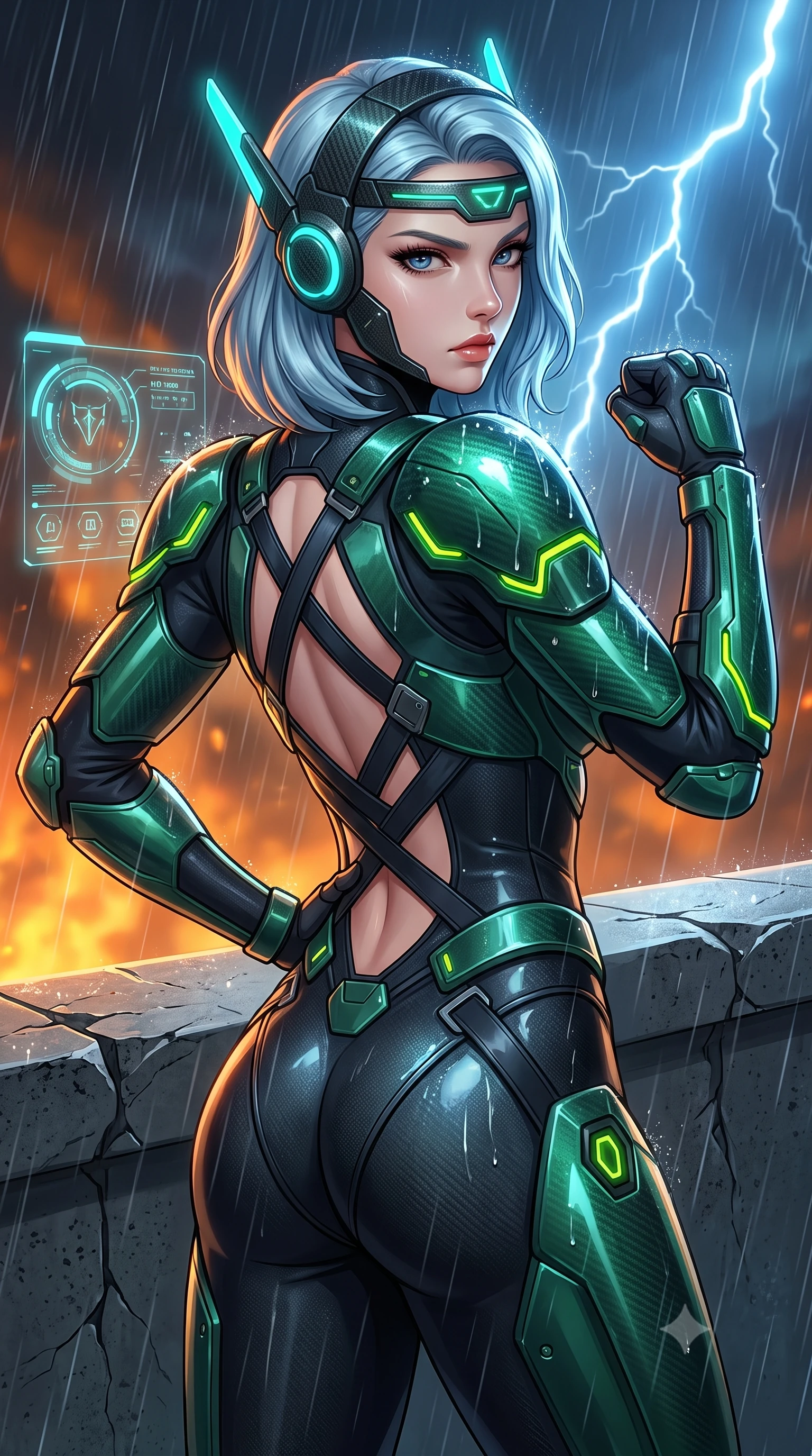 score_9, masterpiece, best quality, ultra-detailed, high-budget anime keyframe, semi-realistic 3D game render, editorial fashion photography, tasteful artistic composition, Korean woman. close-up cowboy shot from the waist and thighs up, the character dominates the composition, filling the frame with her large presence. resting one armored hand on her hip while glancing over her shoulder with thick eyelashes and an indomitable, smoldering combat gaze while arching her spine in a fluid combat stance with fists raised as cold rain streams down her sleek armored shoulder pauldrons. The surrounding environment is rendered in vivid detail and crisp panoramic clarity. sharp cracked concrete ledge textures, glowing holographic HUD visor glyphs, and rain-slicked carbon armor in deep focus. She has an exceptionally elegant, slender, and willowy female figure with an ultra-slim waist, a gracefully sculpted slender torso, toned flat midriff, and a refined slim silhouette. sharp v-shaped jawline, high-bridge nose, intricate jewel-like eyes with depth, thick eyelashes, glossy lips with a natural sheen, fierce and resolute heroine expression, flawlessly proportioned anatomical accuracy, strict slender model proportions, natural body alignment, perfectly sculpted long slender limbs, ultra-slim waistline, clean dynamic posture without body distortion. wearing a lightweight carbon-fiber tactical sensory headpiece with glowing cyan ear-antennae and an ultra-thin forehead HUD brow-band, paired with a heavy modular carbon-fiber combat cuirass paired with a second-skin tactical leotard and reinforced titanium shoulder pauldrons in toxic emerald green carbon composite with glowing lime warning channels, formed from high-gloss patent carbon-plating with specular dystopian chiaroscuro reflections, complemented by criss-cross back harness straps highlighting her completely bare spine, the liquid-tight tailored fabric emphasizing every curve of her tall, slender model proportions and sculptured silhouette during dynamic movement. bathed in ominous amber horizon fire glow and cold blue storm lightning flashes. rich saturated anime colors with glowing neon highlights, detailed shading with soft gradients, rich glossy textures, high-contrast stereoscopic depth, volumetric dynamic lighting, master piece, 9:16 ratio