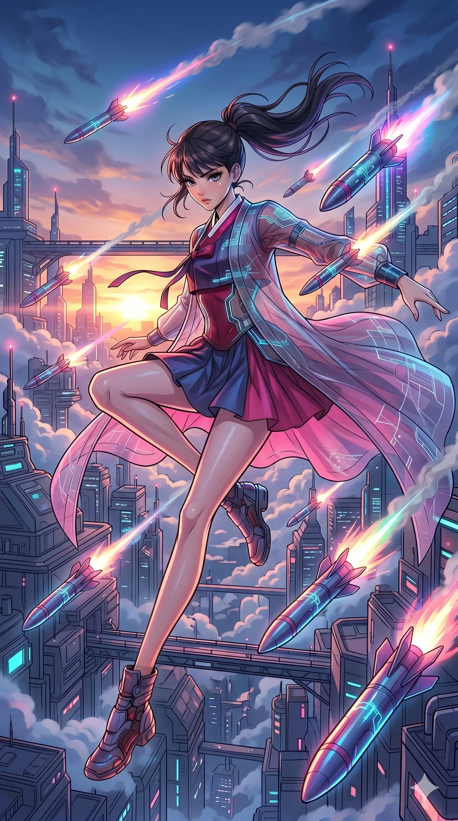 score_9, masterpiece, best quality, ultra-detailed, high-budget anime movie keyframe, cinematic anime lighting, intricate line art, Japanese woman. Low angle cowboy shot capturing a powerful motion and statuesque presence. dodging a barrage of glowing missiles while soaring through a cloud city. She has an absolutely perfect 8-heads proportion, an exceptionally tall and slender female figure with an ultra-slim waist and impossibly long slender legs. strictly human anatomy, two legs only, no extra limbs, clearly defined legs and arms, perfect anatomy, perfect hands and fingers. sharp v-shaped jawline, high-bridge nose, intricate jewel-like eyes, thick eyelashes, glossy lips. Wearing Modern Traditional: Shortened cyber-hanbok with fusion silk robes and transparent panels. The scene is illuminated by dramatic atmospheric lighting and vibrant color palettes. , 2k, ultra detail, master piece, 9:16 ratio