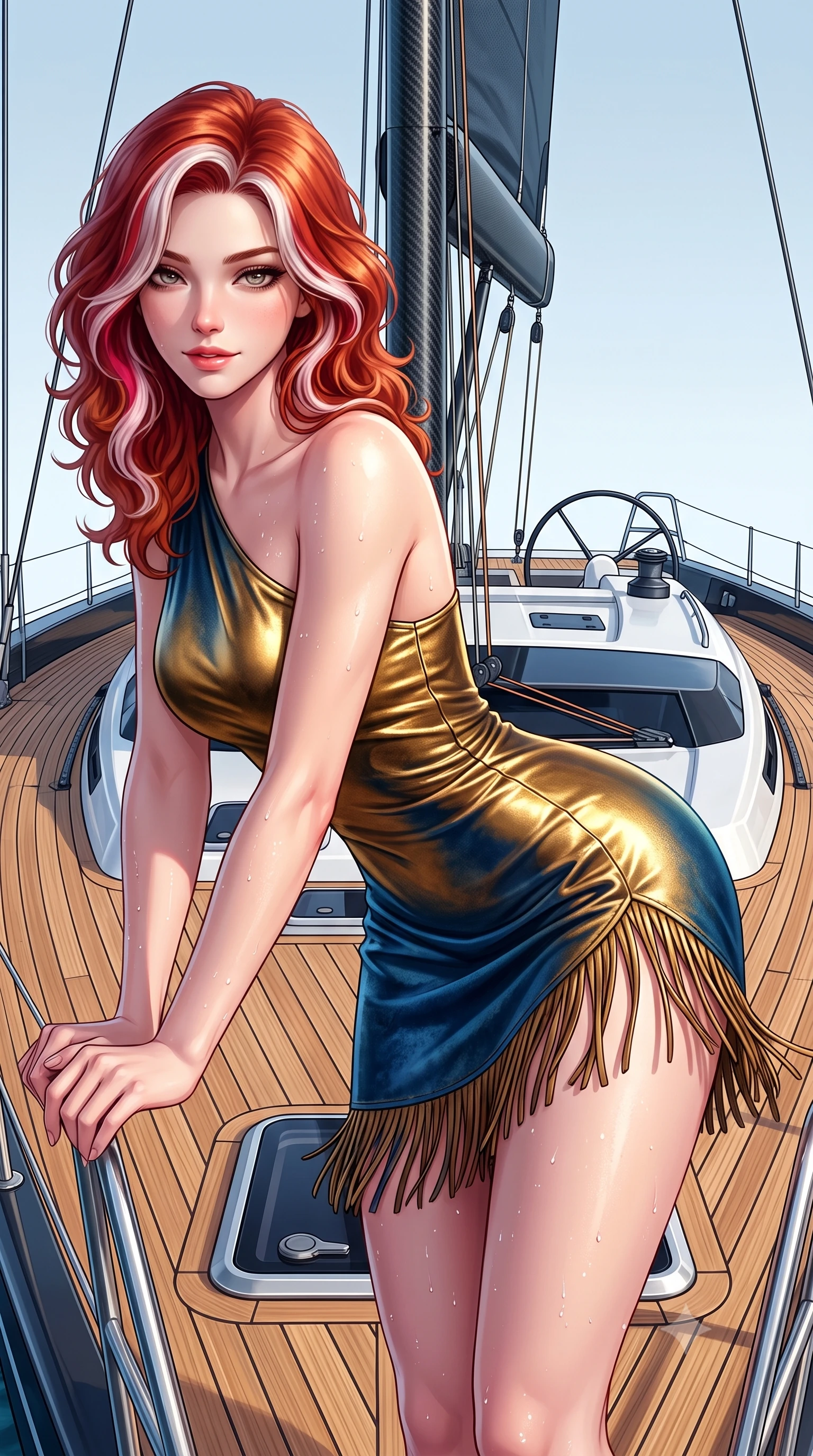 score_9, masterpiece, best quality, ultra-detailed, high-budget anime keyframe, semi-realistic 3D game render, editorial fashion photography, tasteful artistic composition, Caucasian woman. close-up cowboy shot from the waist and thighs up, the character dominates the composition, filling the frame with her large presence. leaning forward while arching her lower back to accentuate her curvy hips, looking into the camera with an intoxicating smoldering gaze and bedroom-eyes while standing poised on the sleek teak foredeck of the carbon racing yacht, arching her back with high-octane regatta glamour. The surrounding environment is rendered in vivid detail and crisp panoramic clarity: detailed second-skin sailing bodysuit texture, salt-spray droplets on skin, and modern naval architecture in high resolution. She has an exceptionally elegant, slender, and willowy female figure with an ultra-slim waist, flat toned midriff, narrow ribcage, and sculpted feminine hips creating an alluring, slim hourglass silhouette without bulk. sharp v-shaped jawline, high-bridge nose, sparkling eyes with hypnotic seductive depth, thick curled eyelashes, glossy parted lips with a natural dewy peach sheen, alluring bedroom-eyes with an enchanting coquettish smile, exuding magnetic siren charisma and sophisticated glamour, flawlessly proportioned anatomical accuracy, strict slender model proportions, natural body alignment, perfectly sculpted long slender limbs, ultra-slim waistline, clean dynamic posture without body distortion. wearing an asymmetric one-shoulder metallic leather mini dress with a dramatic side slit hugging her narrow waist and hips in molten liquid gold and deep ocean sapphire, tailored from ultra-soft distressed suede with velvety hand-feel and rich shadow depth, finished with a delicate leather fringe trim fluttering along her hip line with kinetic charm, the liquid-tight tailored fabric clinging flawlessly to her narrow waist and rounded feminine hips, emphasizing every millimeter of her sculpted slim hourglass curves without any bulky heaviness. illuminated by sea spray bounce and sharp platinum rim lights defining her delicate clavicles, ultra-slim waist, and curvy hips. highly saturated vibrant anime colors, detailed shading with soft gradients, rich glossy textures, high-contrast stereoscopic depth, volumetric dynamic lighting, master piece, 9:16 ratio