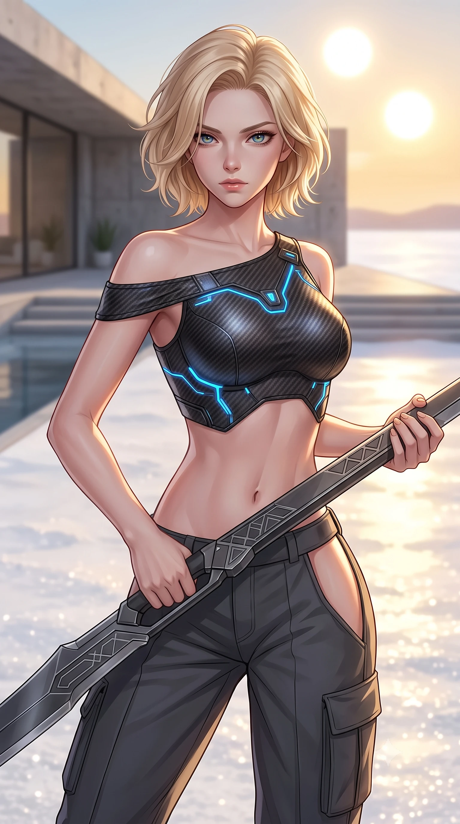 score_9, masterpiece, best quality, ultra-detailed, high-budget anime keyframe, editorial fashion photography, tasteful artistic composition, Caucasian woman. close-up cowboy shot from the waist and thighs up, the character dominates the composition, filling the frame with her large presence, background elements kept in soft focus. holding a deactivated nanotech glaive, looking past the camera with quiet, sharp focus and a composed expression, the background shows a soft-focus a white salt flat patio of a modern concrete villa under a binary sun. She has an exceptionally elegant, slender, and willowy female figure with an ultra-slim waist, a gracefully sculpted slender torso, and a refined silhouette. sharp v-shaped jawline, high-bridge nose, intricate jewel-like eyes with depth, thick eyelashes, glossy lips with a natural sheen. wearing a form-contouring off-shoulder carbon-fiber armor top paired with high-slit tactical cargo pants, showing her delicately sculpted midriff. shimmering white salt flats reflecting distant binary suns, casting gold light. highly saturated vibrant anime colors, detailed shading with soft gradients, rich glossy textures, high-contrast stereoscopic depth, volumetric dynamic lighting, master piece, 9:16 ratio