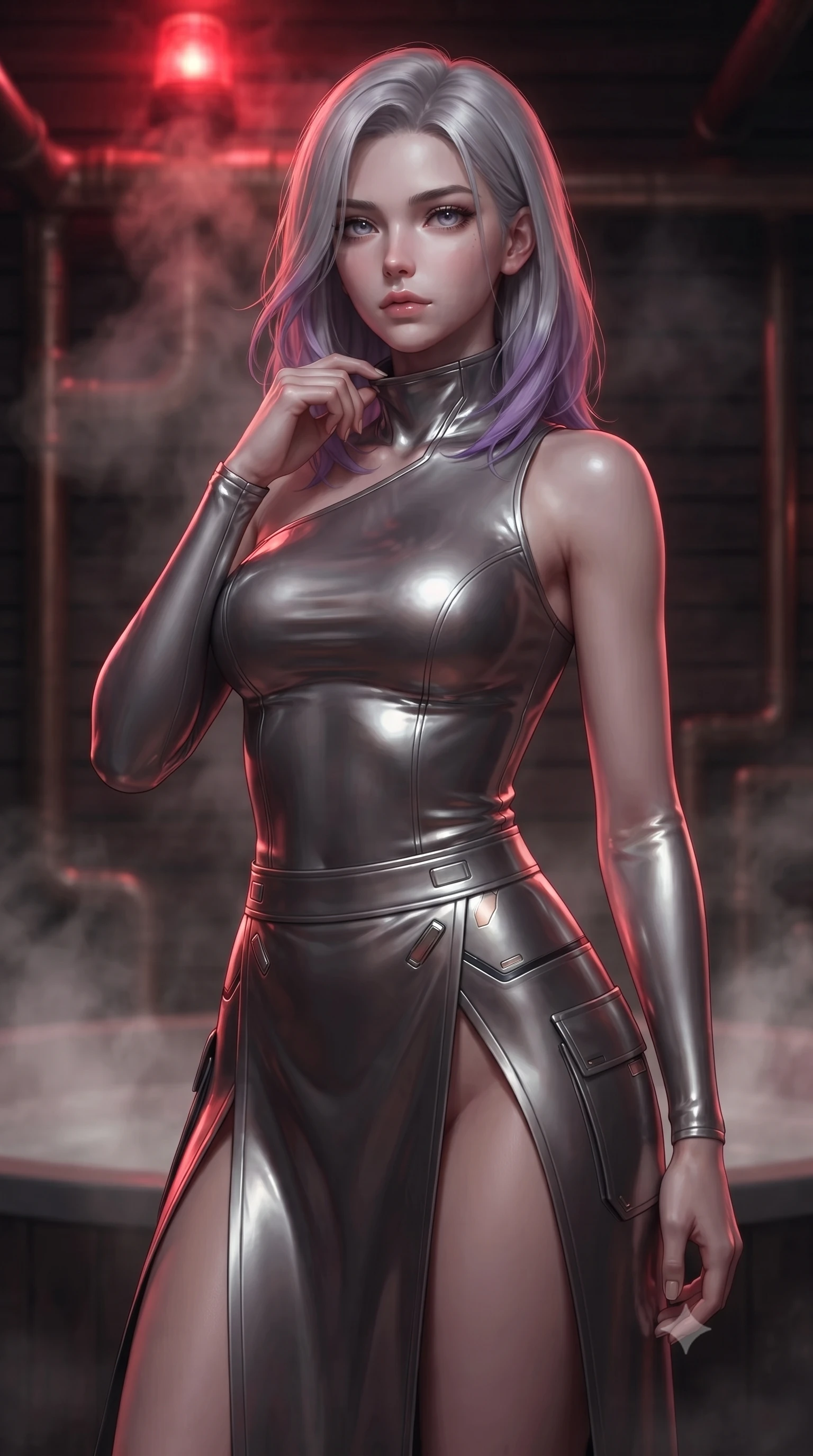 score_9, masterpiece, best quality, ultra-detailed, high-budget anime keyframe, editorial fashion photography, tasteful artistic composition, Caucasian woman. close-up cowboy shot from the waist and thighs up, the character dominates the composition, filling the frame with her large presence, background elements kept in soft focus. adjusting the high collar of her body-hugging suit, looking past the camera with quiet, sharp focus and a composed expression, the background shows a soft-focus a thermal bath deck with dark cedar panels and bronze steam pipes. She has an exceptionally elegant, slender, and willowy female figure with an ultra-slim waist, a gracefully sculpted slender torso, and a refined silhouette. sharp v-shaped jawline, high-bridge nose, intricate jewel-like eyes with depth, thick eyelashes, glossy lips with a natural sheen. wearing a body-hugging asymmetric one-shoulder nanotech bodice paired with a daring high-slit tactical utility wrap skirt. steam venting catching a pulsing crimson warning beacon light from above. ultra-reflective glossy finish, specular highlights, metallic sheen, high-contrast stereoscopic depth, volumetric dynamic lighting, 2k, ultra detail, master piece, 9:16 ratio