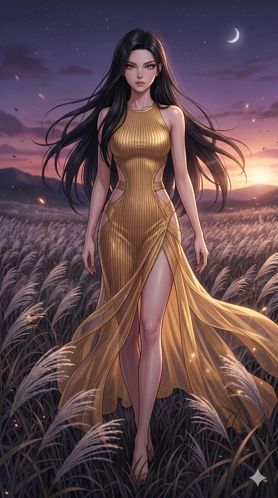 score_9, masterpiece, best quality, ultra-detailed, High-budget Anime Keyframe, East Asian woman. Dynamic full-body shot stretching the vertical silhouette to the limit. Scenario 138: Walking through a field of tall silver grass at twilight. Her pres