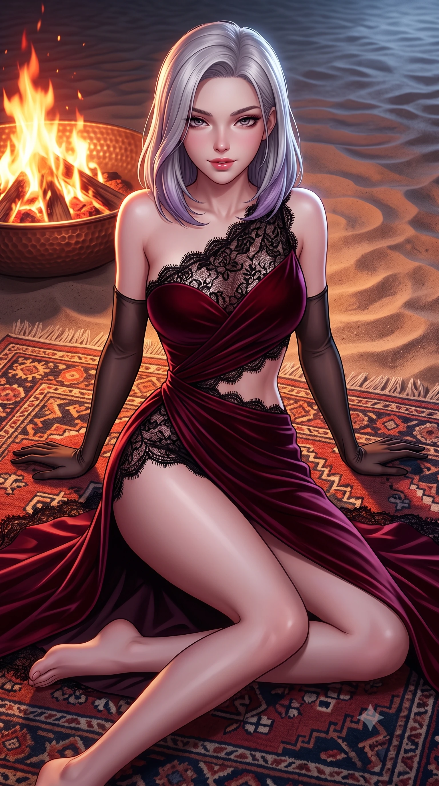 score_9, masterpiece, best quality, ultra-detailed, high-budget anime keyframe, semi-realistic 3D game render, editorial fashion photography, tasteful artistic composition, Caucasian woman. close-up cowboy shot from the waist and thighs up, the character dominates the composition, filling the frame with her large presence. leaning forward while arching her lower back to accentuate her curvy hips, looking into the camera with an intoxicating smoldering gaze and bedroom-eyes while sitting cross-legged on the plush kilim rug leaning back on both hands, arching her chest with radiant siren confidence and parted glossy lips. The surrounding environment is rendered in vivid detail and crisp panoramic clarity: sharp handwoven kilim wool rug textures, hammered copper fire bowl rim, and fine sand grain ripples in deep focus. She has an exceptionally elegant, slender, and willowy female figure with an ultra-slim waist, flat toned midriff, narrow ribcage, and sculpted feminine hips creating an alluring, slim hourglass silhouette without bulk. sharp v-shaped jawline, high-bridge nose, sparkling eyes with hypnotic seductive depth, thick curled eyelashes, glossy parted lips with a natural dewy peach sheen, alluring bedroom-eyes with an enchanting coquettish smile, exuding magnetic siren charisma and sophisticated glamour, flawlessly proportioned anatomical accuracy, strict slender model proportions, natural body alignment, perfectly sculpted long slender limbs, ultra-slim waistline, clean dynamic posture without body distortion. wearing an asymmetric one-shoulder liquid jersey gown with dramatic hip-high slit and sculptural waist cutout in deep bordeaux velvet and delicate black chantilly, made of delicate semi-sheer French Chantilly lace with intricate eyelash edges, complemented by sheer opera-length evening gloves tracing her slender arms, the high-slit wrap tailoring accentuating her ultra-slim waistline and the enchanting curve of her feminine hips with alluring seductive charm. bathed in the intense warm amber and crimson flicker of open campfire flames mixed with pure silver moonlight. highly saturated vibrant anime colors, detailed shading with soft gradients, rich glossy textures, high-contrast stereoscopic depth, volumetric dynamic lighting, master piece, 9:16 ratio