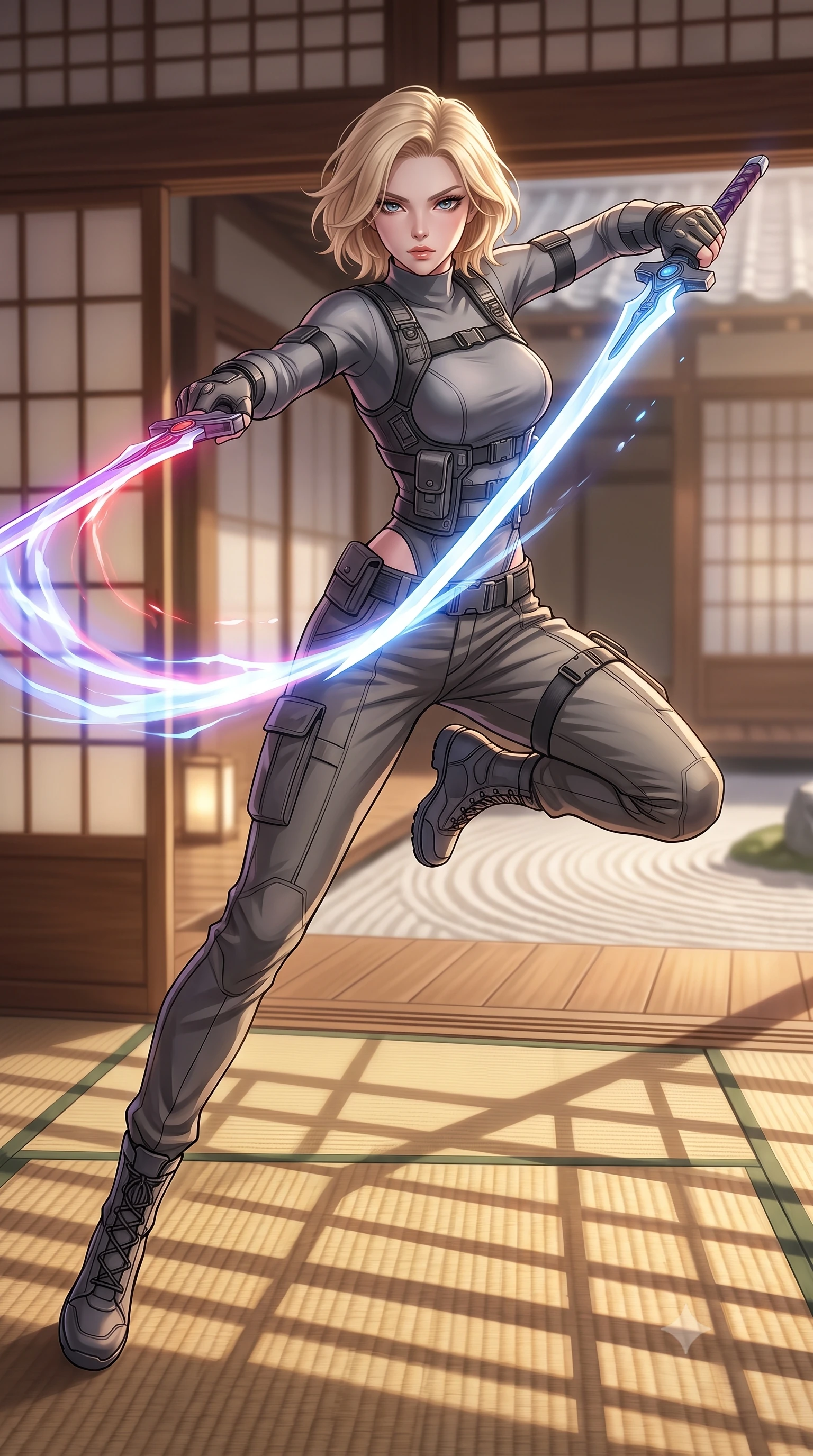 score_9, masterpiece, best quality, ultra-detailed, high-budget anime keyframe, editorial fashion photography, tasteful artistic composition, Caucasian woman. low angle full-body shot from head to toe showing her feet, filling the entire 9:16 vertical frame with her statuesque presence, stretching her vertical silhouette. leaping forward while slashing with a twin-bladed plasma sword in mid-air, her body-contouring suit showing her athletic silhouette, the background shows a soft-focus a traditional ryokan cypress wood bath (hinoki) facing a sand gravel garden. She has an absolutely perfect, statuesque 8.5-heads proportion, an exceptionally tall and slender model-like female figure with impossibly long slender legs and an ultra-slim waist. sharp v-shaped jawline, high-bridge nose, intricate jewel-like eyes with depth, thick eyelashes, glossy lips with a natural sheen. wearing a body-hugging rugged carbon-alloy utility vest over a long-sleeve high-neck grey compression shirt and matching cargo slacks. soft late afternoon sunrays casting long wooden grid shadows on the tatami. highly saturated vibrant anime colors, detailed shading with soft gradients, rich glossy textures, high-contrast stereoscopic depth, volumetric dynamic lighting, master piece, 9:16 ratio