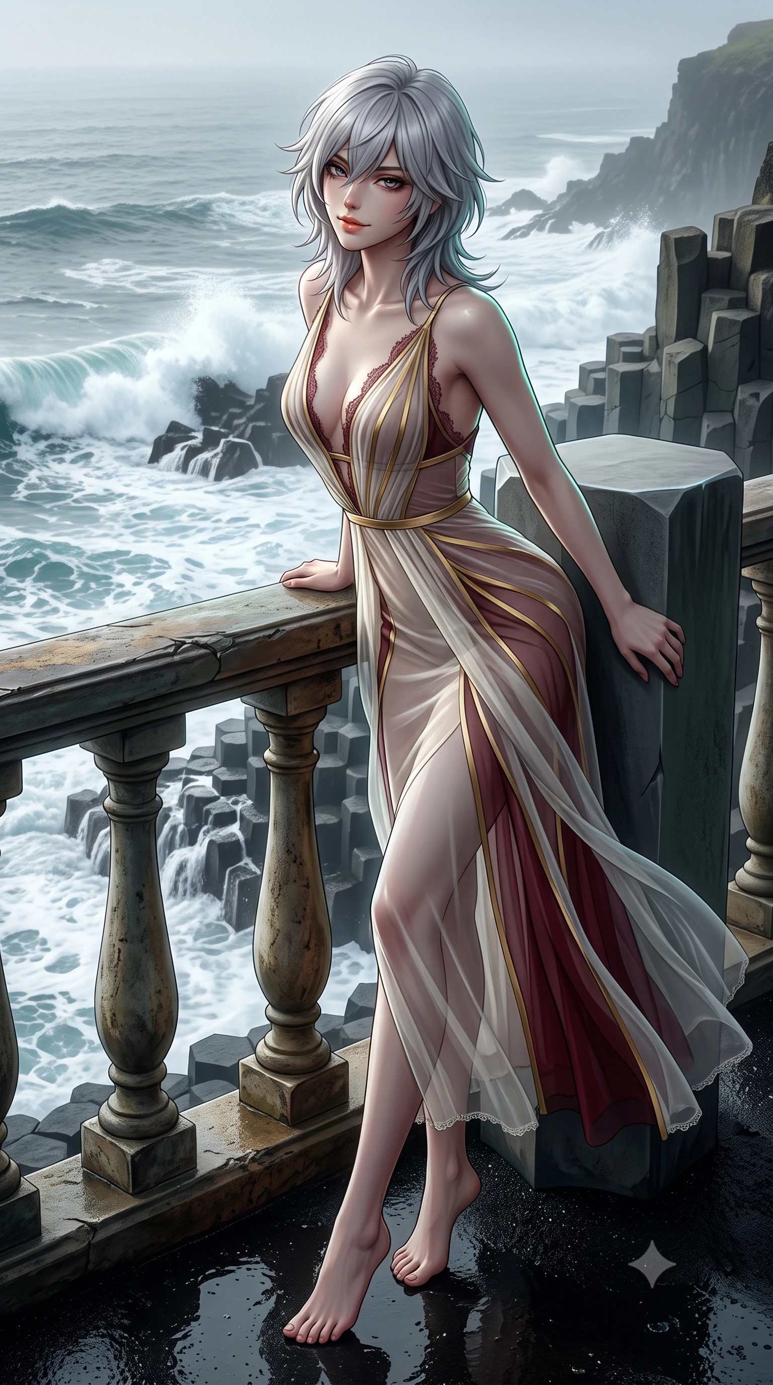 score_9, masterpiece, best quality, ultra-detailed, high-budget anime keyframe, editorial fashion photography, tasteful artistic composition, Japanese woman. low angle full-body shot from head to toe showing her feet, filling the entire 9:16 vertical frame with her statuesque presence, stretching her vertical silhouette. leaning deep against the balcony balustrade with hips cocked back in an unapologetically alluring high-fashion stance, casting an intoxicating glance while leaning against the smooth geometric basalt rock pillar with hips cocked back, looking out at crashing North Atlantic whitecaps with smoldering bedroom-eyes. The surrounding environment is rendered in vivid detail and crisp panoramic clarity: sharp hexagonal basalt prism edges, fine jet-black volcanic basalt sand granules, and foaming white wave foam crests in deep focus. She has an exceptionally tall and slender model-like 8.5-heads proportion, an ultra-slim waist, a flat toned midriff, narrow delicate ribcage, and beautifully sculpted feminine hips creating a graceful, slim hourglass silhouette without any bulky heaviness, with impossibly long slender legs. sharp v-shaped jawline, high-bridge nose, intricate jewel-like sparkling eyes with depth, thick eyelashes, glossy parted lips with a natural peach sheen, bright cheerful beaming smile with an enchanting and coquettish sensual glint, exuding both youthful cute charm and seductive allure, flawlessly proportioned anatomical accuracy, strict slender model proportions, natural body alignment, perfectly sculpted long slender limbs, ultra-slim waistline, clean dynamic posture without body distortion. wearing a plunge-front sheer illusion tulle slip dress with liquid gold ribbon stripes hugging her curves in Belvedere ivory pearl and Habsburg bordeaux wine, made of sheer gossamer chiffon that drapes softly against skin with airy translucence, finished with scalloped eyelash lace trim framing her sweetheart neckline with intimate elegance, the second-skin tailored fabric adhering flawlessly to her sculpted flat midriff and slender torso, emphasizing her long leg lines and perfectly proportioned willowy build. illuminated by wet black sand reflection sheen and sharp emerald-platinum rim lights defining her dewy collarbones, ultra-slim waist, and curvy hips. ultra-reflective glossy finish, specular highlights, rich textural contrasts, high-contrast stereoscopic depth, volumetric dynamic lighting, 2k, ultra detail, master piece, 9:16 ratio