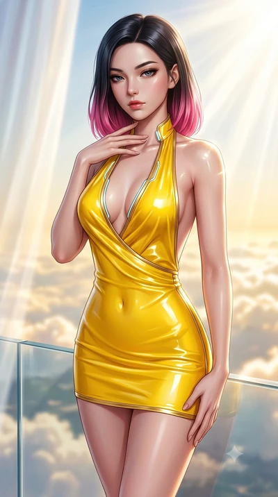 score_9, masterpiece, best quality, ultra-detailed, high-budget anime keyframe, semi-realistic 3D game render, editorial fashion photography, tasteful artistic composition, Korean woman. close-up cowboy shot from the waist and thighs up, the characte