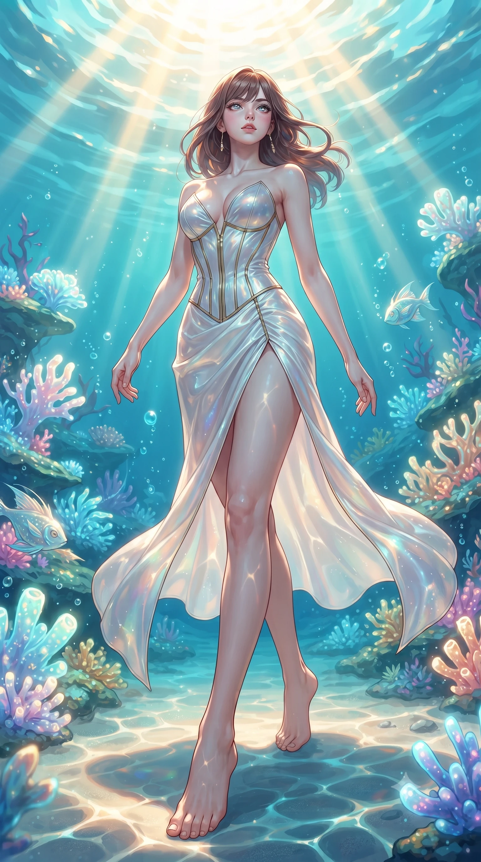 score_9, masterpiece, best quality, ultra-detailed, high-budget anime keyframe, editorial fashion photography, tasteful artistic composition, Korean woman. low angle full-body shot from head to toe showing her feet, filling the entire 9:16 vertical frame with her statuesque presence, stretching her vertical silhouette. stepping gracefully through the radiant environment, stretching her statuesque silhouette, floating through a sun-drenched underwater sanctuary filled with glowing opal coral, golden sunbeams penetrating turquoise water creating caustic light patterns. She has an absolutely perfect, statuesque 8.5-heads proportion, an exceptionally tall and slender model-like female figure with impossibly long slender legs and an ultra-slim waist. sharp v-shaped jawline, high-bridge nose, intricate jewel-like eyes with depth, thick eyelashes, glossy lips with a natural sheen. wearing low-cut structured bodice gown in liquid pearl with high leg slit in radiant platinum, made of iridescent hologram organza, finished with metallic gold boning and sleek zipper points, accentuating her gracefully sculpted slender torso. surrounded by a shimmering ocean aura with bright pearl-white rim lights. highly saturated vibrant anime colors, detailed shading with soft gradients, rich glossy textures, high-contrast stereoscopic depth, volumetric dynamic lighting, master piece, 9:16 ratio
