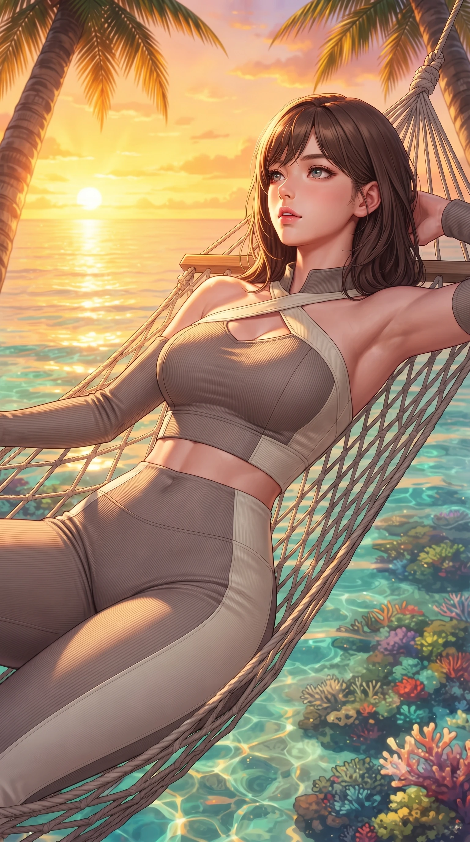 score_9, masterpiece, best quality, ultra-detailed, high-budget anime keyframe, editorial fashion photography, tasteful artistic composition, Korean woman. close-up cowboy shot from the waist and thighs up, the character dominates the composition, filling the frame with her large presence, background elements kept in soft focus. Tilting her chin up slightly with lips parted in a magnetic, composed expression resting on a sea-facing hammock suspended between two coconut trees at sunset, crystal-clear water revealing vibrant coral reefs beneath the surface. She has an exceptionally elegant, slender, and willowy female figure with an ultra-slim waist, a gracefully sculpted slender torso, and a refined silhouette. sharp v-shaped jawline, high-bridge nose, intricate jewel-like eyes with depth, thick eyelashes, glossy lips with a natural sheen. wearing a form-fitting ribbed activewear set with collar cutouts in muted taupe and soft ivory, made of fine carbon-fiber weave and soft matte leather, complemented by criss-cross back straps highlighting her bare shoulders, the form-contouring material highlighting her ultra-slim waist and long lines. bathed in intense golden tropical sunshine and shimmering water reflections. highly saturated vibrant anime colors, detailed shading with soft gradients, rich glossy textures, high-contrast stereoscopic depth, volumetric dynamic lighting, master piece, 9:16 ratio