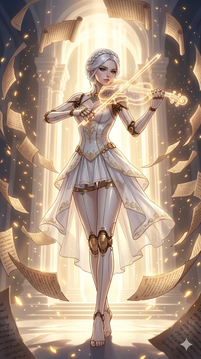 score_9, masterpiece, best quality, ultra-detailed, Set A: High-budget Anime Keyframe, Caucasian (human ears) woman. Low angle cowboy shot filling the entire 9:16 frame with her statuesque presence. Theme: Ethereal Dream. playing a holographic violin