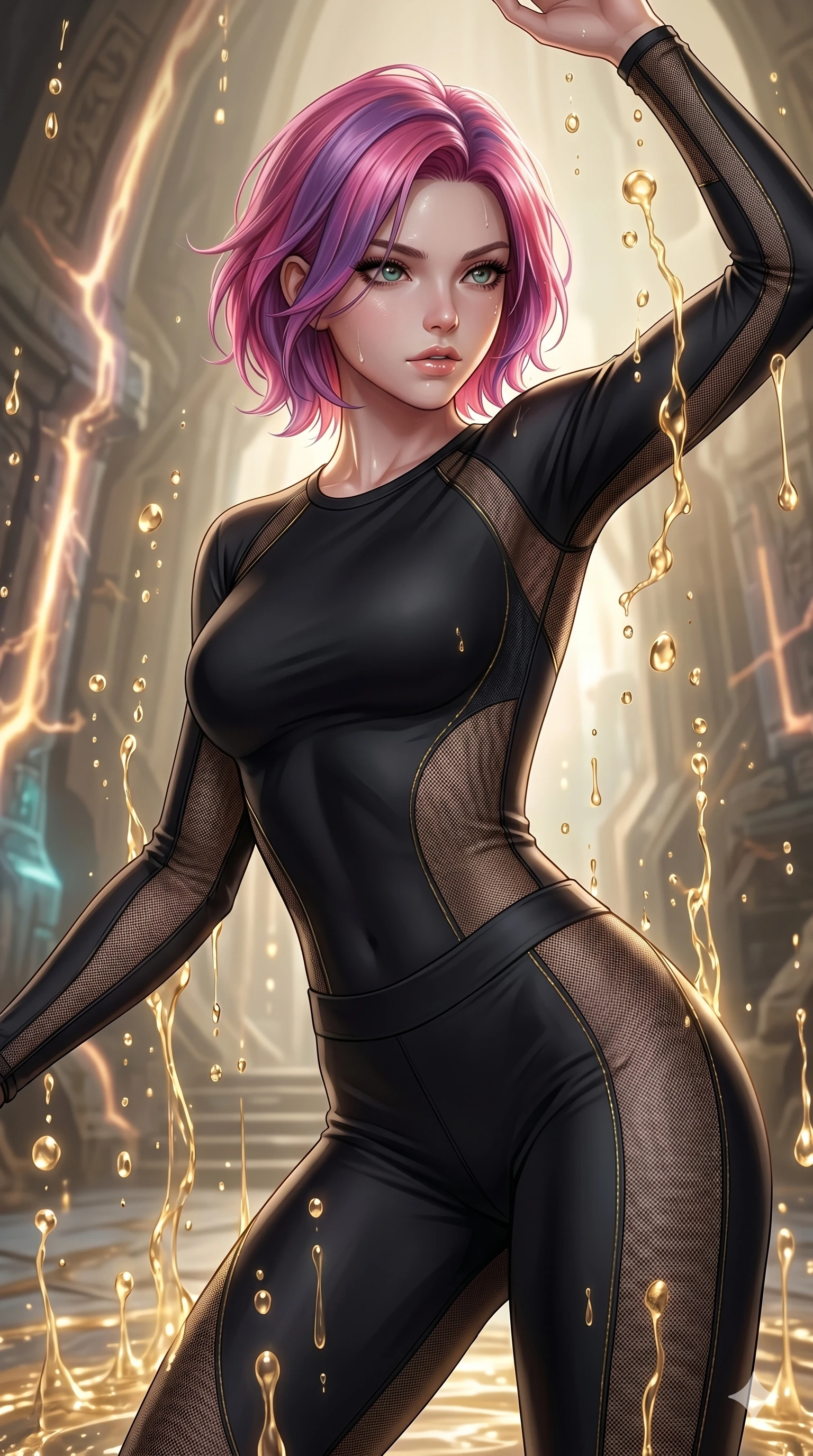 score_9, masterpiece, best quality, ultra-detailed, high-budget anime keyframe, Caucasian woman, strictly human ears. upper body close-up from the thighs up, character filling the screen for maximum presence. dodging ethereal liquid gold rain that rises upward from the ground in warm shimmering droplets under an inverted gravity field. She has an absolutely perfect 8-heads proportion, an exceptionally tall and slender female figure with impossibly long slender legs and an ultra-slim waist. V-shaped jawline, high-bridge nose, intricate jewel-like eyes with depth, thick eyelashes, glossy lips with a natural sheen.. wearing a sheer mesh athleisure set, featuring a tight matte black top and leggings with semi-opaque mesh panels tracing the curves of her waist and thighs. lit by a soft glowing ambient light and a sharp side key light that traces the sleek contours of her athletic build. 2k, ultra detail, master piece, 9:16 ratio