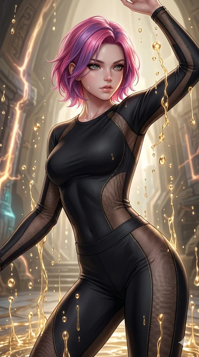 score_9, masterpiece, best quality, ultra-detailed, high-budget anime keyframe, Caucasian woman, strictly human ears. upper body close-up from the thighs up, character filling the screen for maximum presence. dodging ethereal liquid gold rain that ri