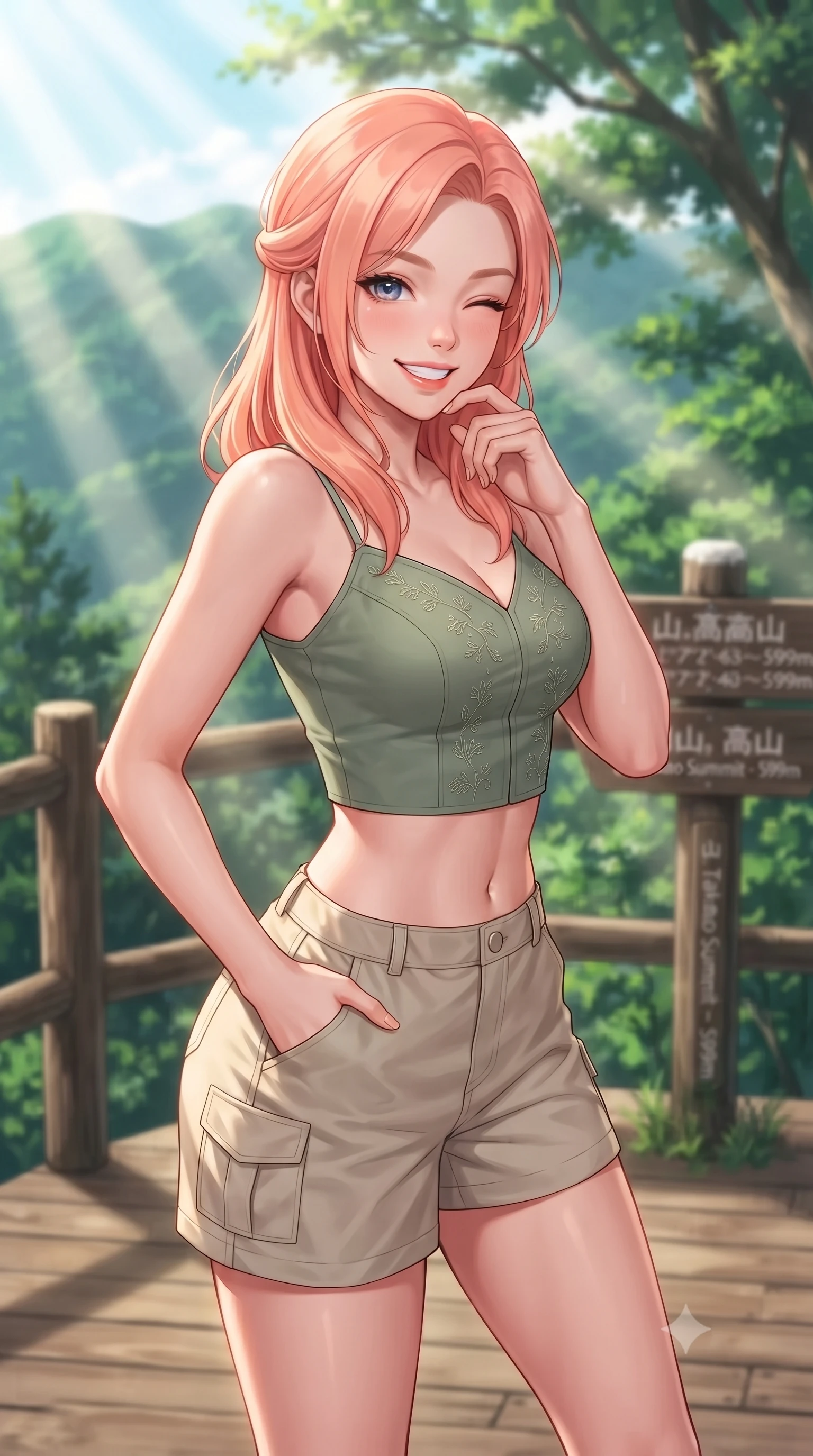 score_9, masterpiece, best quality, ultra-detailed, high-budget anime keyframe, editorial fashion photography, tasteful artistic composition, Japanese woman. close-up cowboy shot from the waist and thighs up, the character dominates the composition, filling the frame with her large presence, background elements kept in soft focus. smiling brightly with a cheerful expression, winking playfully at the viewer set against a soft-focus background of on a scenic wooden observation deck at the peak of a green mountain with a wooden trail marker sign showing coordinates behind her. She has an exceptionally elegant, slender, and willowy female figure with an ultra-slim waist, a gracefully sculpted slender torso, and a refined silhouette. sharp v-shaped jawline, high-bridge nose, intricate jewel-like eyes with depth, thick eyelashes, glossy lips with a natural sheen. wearing tailored stylish crop top in sage green, paired with lightweight cargo shorts. volumetric sunbeams slicing through the forest trees, creating light rays. highly saturated vibrant anime colors, detailed shading with soft gradients, rich glossy textures, high-contrast stereoscopic depth, volumetric dynamic lighting, master piece, 9:16 ratio