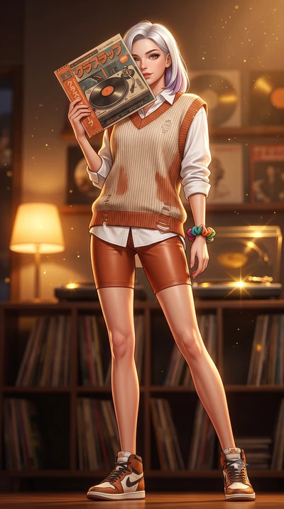 score_9, masterpiece, best quality, ultra-detailed, high-budget anime keyframe, semi-realistic 3D game render, editorial fashion photography, tasteful artistic composition, Caucasian woman. low angle full-body shot from head to toe showing her feet, 