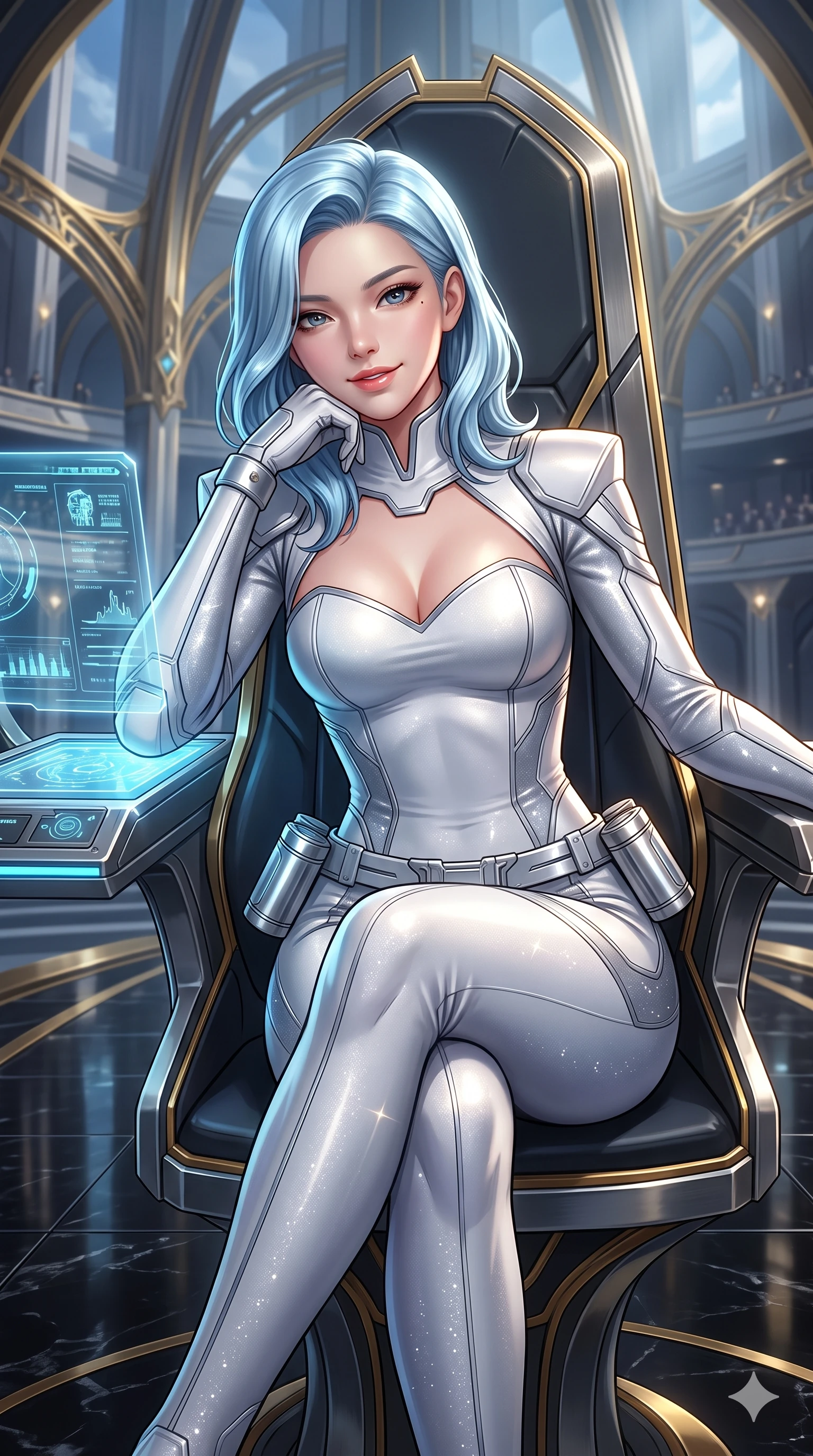 score_9, masterpiece, best quality, ultra-detailed, high-budget anime keyframe, semi-realistic 3D game render, editorial fashion photography, tasteful artistic composition, Korean woman. close-up cowboy shot from the waist and thighs up, the character dominates the composition, filling the frame with her large presence. resting one elbow on the diagnostic terminal and supporting her chin, leaning close to the camera with parted glossy lips and sparkling eyes while sitting poised in the high-backed diplomatic throne propped on one elbow with legs crossed, flashing an enchanting, confident smile. The surrounding environment is rendered in vivid detail and crisp panoramic clarity: intricate high-collar pilot suit tailoring, structured shoulder lines, and imperial senate architecture in razor-sharp clarity. She has an exceptionally elegant, slender, and willowy female figure with an ultra-slim waist, flat toned midriff, narrow ribcage, and sculpted feminine hips creating an alluring, slim hourglass silhouette without bulk. sharp v-shaped jawline, high-bridge nose, intricate jewel-like sparkling eyes with depth, thick eyelashes, glossy parted lips with a natural sheen, bright confident smile with an enchanting and coquettish sensual glint, exuding both youthful magnetic charm and sovereign high-tech allure, flawlessly proportioned anatomical accuracy, strict slender model proportions, natural body alignment, perfectly sculpted long slender limbs, ultra-slim waistline, clean dynamic posture without body distortion. wearing a dense tactical compression bodysuit with sweetheart neckline contouring her delicate ribcage and feminine hips in pure alabaster white and brushed silver accents, woven from stretch metallic lurex jersey casting radiant starlight glints across her curves, accented with a sleek utility belt with polished magnetic canisters resting loosely on her curvy hips, the form-contouring cut accentuating her sculpted flat midriff, narrow delicate ribcage, and gracefully curvy hips with cybernetic supermodel precision. illuminated by black granite floor reflections and sharp gold-platinum rim lights carving her sculpted collarbones, ultra-slim waist, and curvy hips. highly saturated vibrant anime colors, detailed shading with soft gradients, rich glossy textures, high-contrast stereoscopic depth, volumetric dynamic lighting, master piece, 9:16 ratio