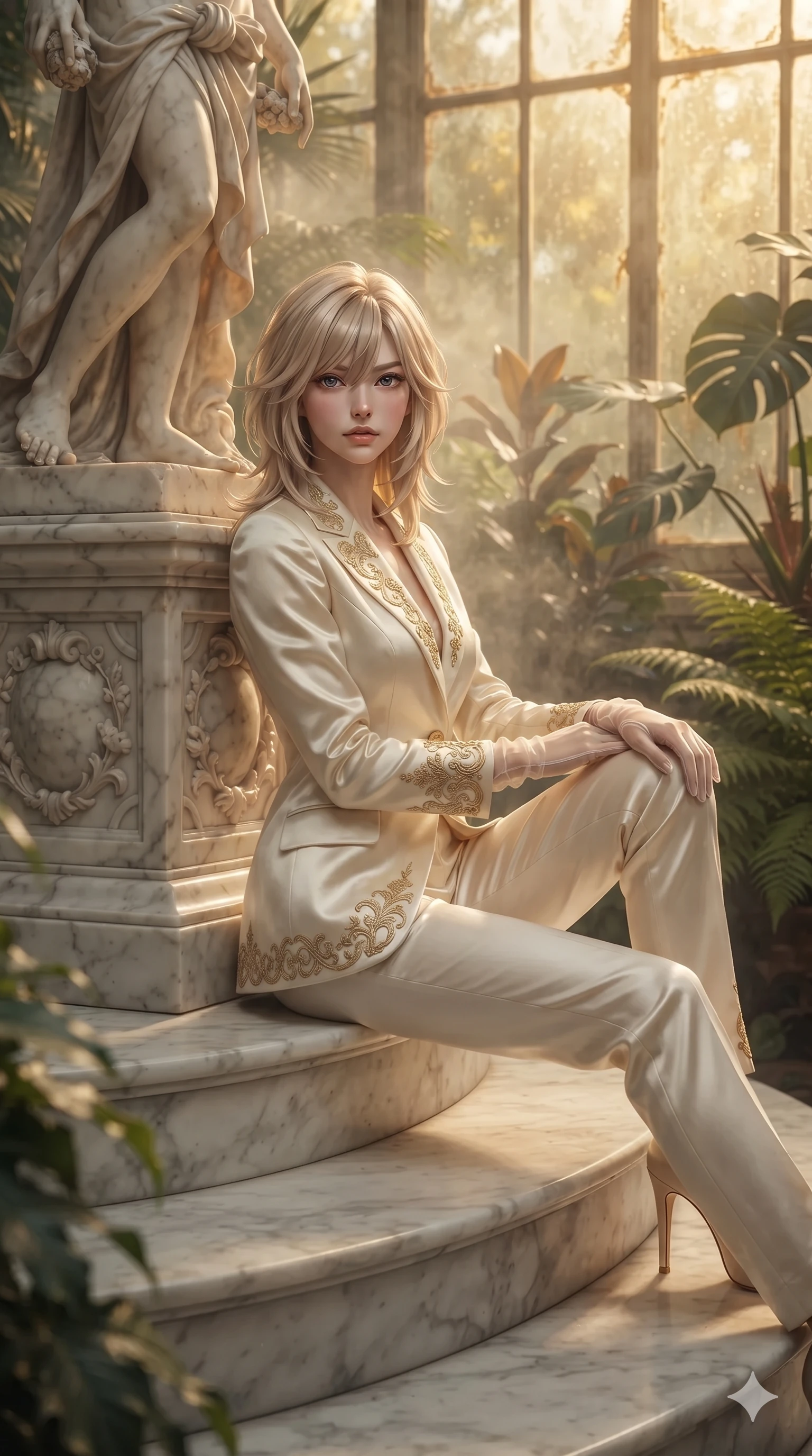 score_9, masterpiece, best quality, ultra-detailed, high-budget anime keyframe, editorial fashion photography, tasteful artistic composition, Japanese woman. low angle full-body shot from head to toe showing her feet, filling the entire 9:16 vertical frame with her statuesque presence, stretching her vertical silhouette. sitting poised on the Carrara marble steps with one knee bent, arching her spine with supermodel elegance as she glances upward through thick eyelashes while leaning against a carved marble statue pedestal with hips cocked back, gazing through fragrant orange blossoms with smoldering eyes. The background shows a soft-focus warm botanical greenhouse mist softened in palatial orangerie shallow focus. She has an exceptionally tall and slender model-like 8.5-heads proportion, an ultra-slim waist, a flat toned midriff, narrow delicate ribcage, and beautifully sculpted feminine hips creating a graceful, slim hourglass silhouette without any bulky heaviness, with impossibly long slender legs. sharp v-shaped jawline, high-bridge nose, intricate jewel-like sparkling eyes with depth, thick eyelashes, glossy parted lips with a natural sheen, intensely captivating and seductive bedroom-eyes expression, exuding both youthful cute charm and sovereign luxury allure, flawlessly proportioned anatomical accuracy, strict slender model proportions, natural body alignment, perfectly sculpted long slender limbs, ultra-slim waistline, clean dynamic posture without body distortion. wearing a bespoke Venetian tailored pantsuit in liquid ivory silk with golden filigree embroidery tracing the lapels in charcoal grey and polished chrome, tailored from heavy double-faced silk georgette with an exceptionally fluid drape, complemented by sheer opera-length evening gloves tracing her slender arms, the bespoke structured tailoring following the natural line of her 8.5-heads silhouette with refined elegance. bathed in the radiant, sun-drenched greenhouse light filtering through textured glass panes creating high-contrast dappled highlights. ultra-reflective glossy finish, specular highlights, rich textural contrasts, high-contrast stereoscopic depth, volumetric dynamic lighting, 2k, ultra detail, master piece, 9:16 ratio