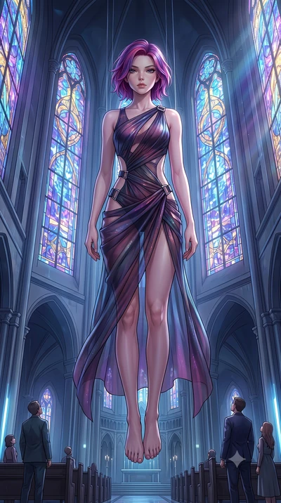 score_9, masterpiece, best quality, ultra-detailed, High-budget Anime Keyframe, Caucasian woman, strictly human ears. Low angle cowboy shot filling the entire 9:16 frame with her statuesque presence. Scenario 355: suspended by invisible silk threads 