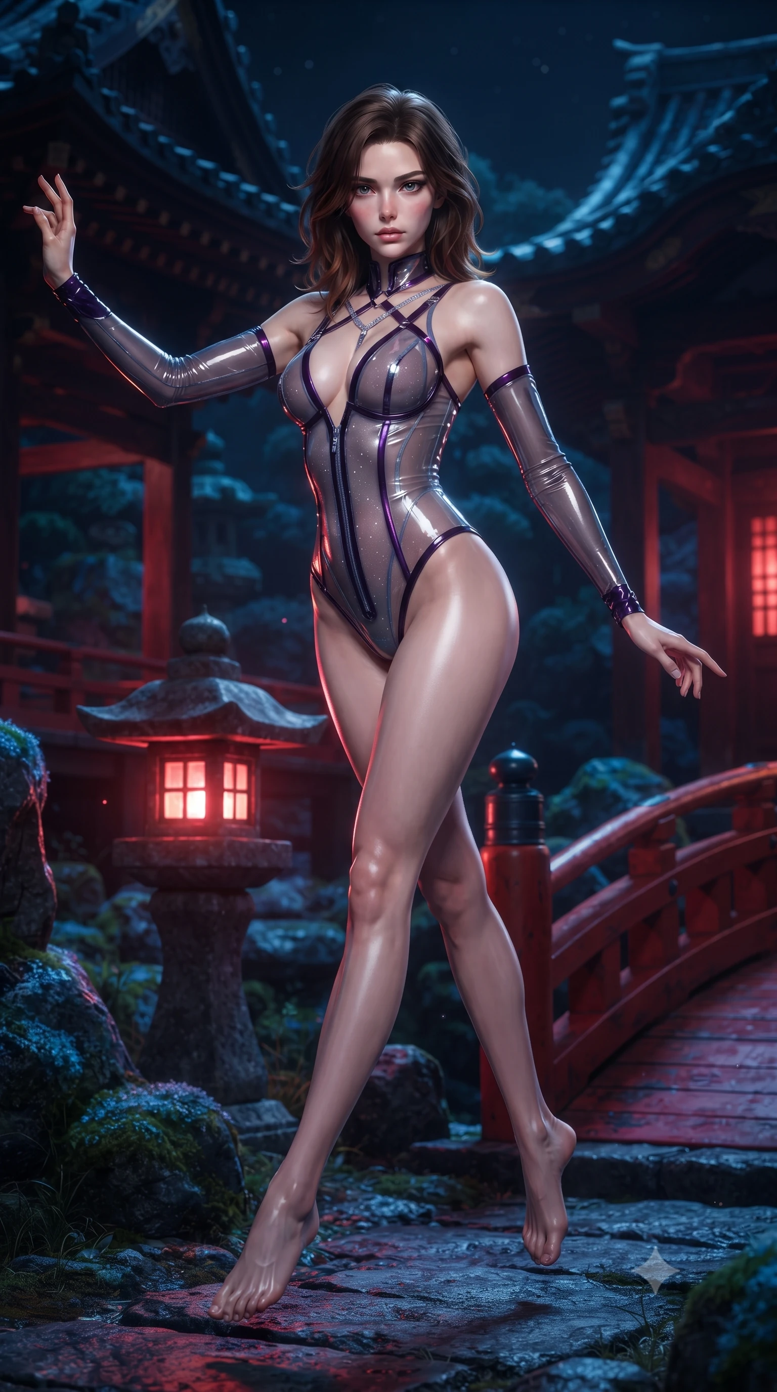 score_9, masterpiece, best quality, ultra-detailed, high-budget anime keyframe, editorial fashion photography, tasteful artistic composition, Korean woman. low angle full-body shot from head to toe showing her feet, filling the entire 9:16 vertical frame with her statuesque presence, stretching her vertical silhouette. performing an alluring mid-air vault with flawless poise, looking directly into the camera with smoldering intensity while pivoting gracefully beside a digital stone lantern as crimson moonlight casts a dramatic S-curve silhouette. The surrounding environment is rendered in vivid detail and crisp panoramic clarity. intricate black lacquer wood grain, glowing blue moss textures, and vermilion bridge carvings in deep focus. She has an absolutely perfect, statuesque 8.5-heads proportion, an exceptionally tall and slender model-like female figure with impossibly long slender legs and an ultra-slim waist. sharp v-shaped jawline, high-bridge nose, intricate jewel-like eyes with depth, thick eyelashes, glossy lips with a natural sheen, flawlessly proportioned anatomical accuracy, natural body alignment, perfectly sculpted elegant limbs, clean dynamic posture without body distortion. wearing a translucent cybernetic corset in semi-opaque structured vinyl, combined with detached sleeves and a deep-plunging neckline secured by glowing micro-straps in dark amethyst purple and shimmering starlight silver, formed from high-gloss patent material with specular light reflections, complemented by criss-cross back straps highlighting her completely bare spine, the liquid-tight fabric adhering flawlessly to her sculpted torso and slender silhouette. surrounded by an exotic, mystical, and intensely captivating oriental cyber-goddess aura. ultra-reflective glossy finish, specular highlights, metallic sheen, high-contrast stereoscopic depth, volumetric dynamic lighting, 2k, ultra detail, master piece, 9:16 ratio
