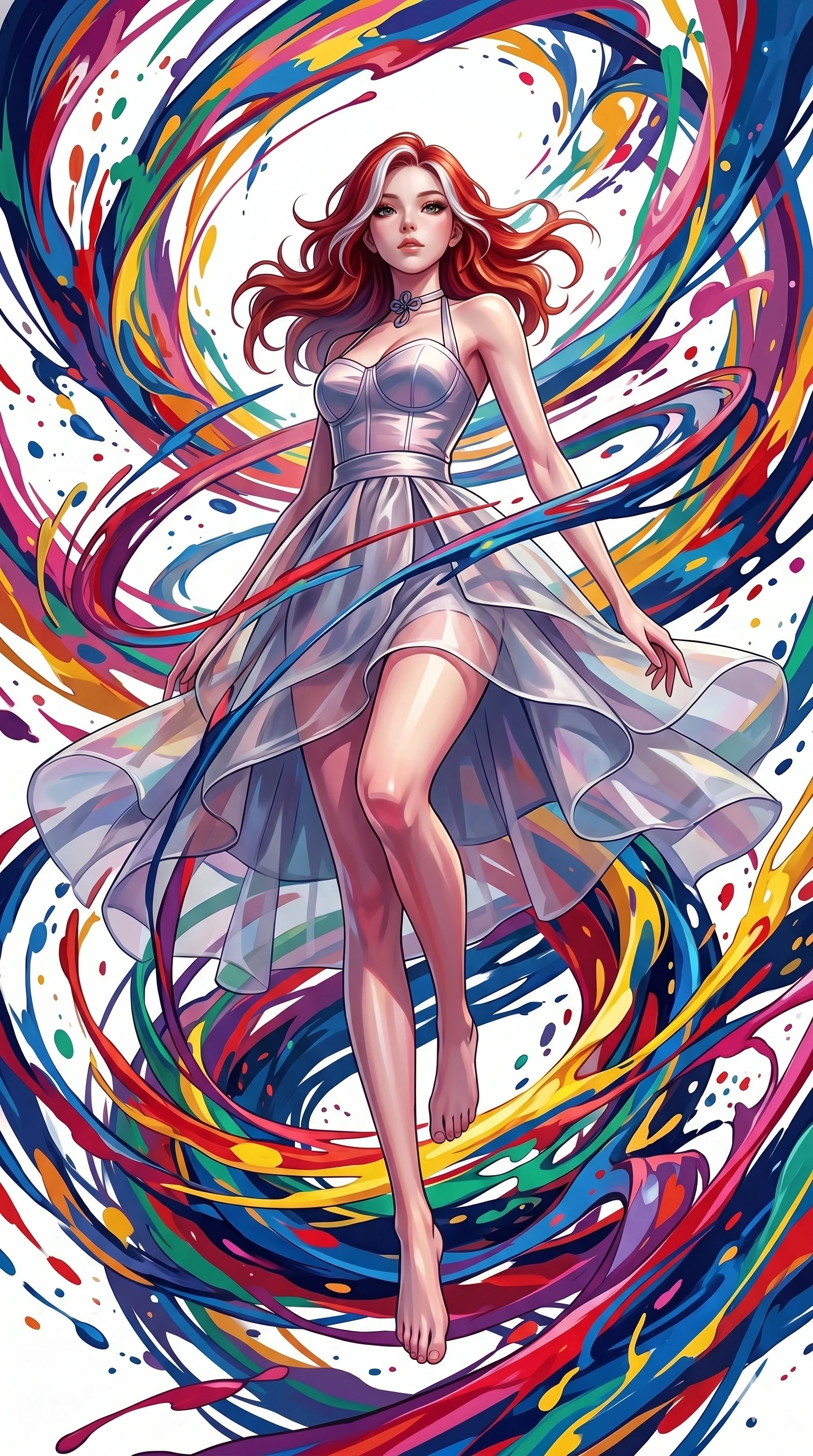 score_9, masterpiece, best quality, ultra-detailed, high-budget anime keyframe, Caucasian woman, strictly human ears. low angle full-body shot filling the entire 9:16 frame with her statuesque presence, stretching the vertical silhouette. leaping into a vorticist paint splatter dimension where thousands of vivid acrylic paint ribbons and splatters swirl around her in a white gallery void. She has an absolutely perfect 8-heads proportion, an exceptionally tall and slender female figure with impossibly long slender legs and an ultra-slim waist. V-shaped jawline, high-bridge nose, intricate jewel-like eyes with depth, thick eyelashes, glossy lips with a natural sheen.. wearing a modern fusion silk hanbok dress, featuring a silk bustier top, layered semi-opaque organza skirts, and a traditional knot choker. accented by dynamic color-blocked lighting with high-contrast shadows emphasizing her statuesque height. 2k, ultra detail, master piece, 9:16 ratio