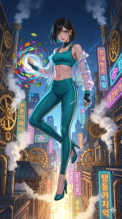 첨부의 캐릭터를 고정하여 얼굴과 몸매만 유지, score_9, masterpiece, best quality, ultra-detailed, Set C: High-budget Anime Keyframe, Korean woman. Low angle cowboy shot filling the entire 9:16 frame with her statuesque presence. Leaping across the rooftops of a steampun