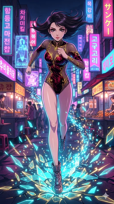 score_9, masterpiece, best quality, ultra-detailed, Set A: High-budget Anime Keyframe, Japanese woman. Low angle cowboy shot filling the entire 9:16 frame with her statuesque presence. Sprinting through a neon-lit Neo-Seoul market, as the ground bene
