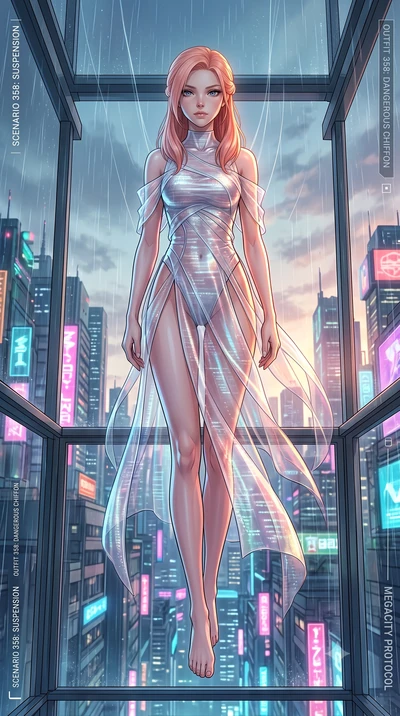 score_9, masterpiece, best quality, ultra-detailed, High-budget Anime Keyframe, East Asian woman. Low angle cowboy shot filling the entire 9:16 frame with her statuesque presence. Scenario 358: suspended by invisible silk threads inside a minimalist 