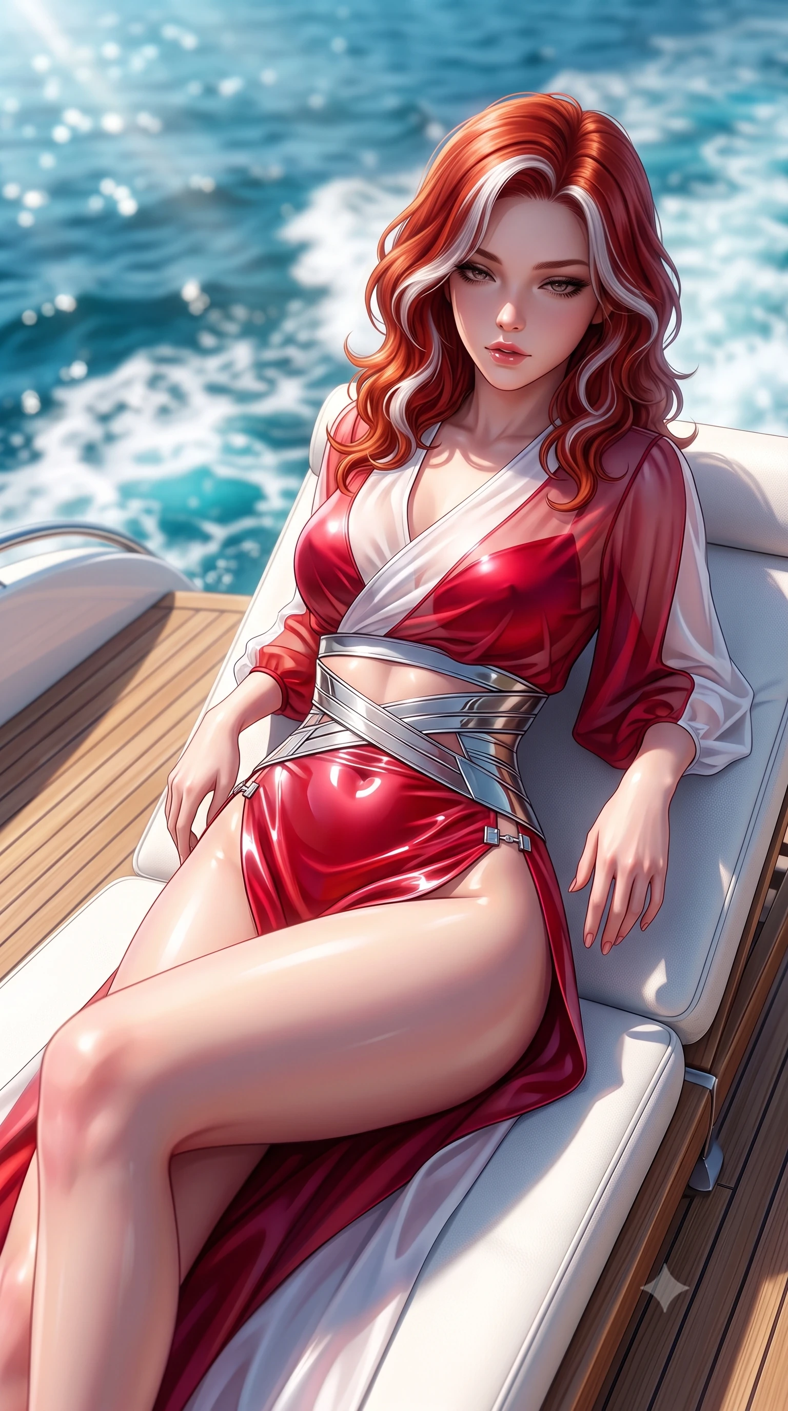 score_9, masterpiece, best quality, ultra-detailed, high-budget anime keyframe, semi-realistic 3D game render, editorial fashion photography, tasteful artistic composition, Caucasian woman. close-up cowboy shot from the waist and thighs up, the character dominates the composition, filling the frame with her large presence. casting a slow, smoldering gaze beneath heavy lashes with parted glossy lips, her head slightly tilted in captivating self-assurance while lounging seductively across a custom white leather sunbed on the teak deck of a luxury yacht under brilliant sun. The composition keeps background elements in soft focus with creamy bokeh. sparkling deep blue Mediterranean sea waves and white yacht wake blurred into rich turquoise bokeh. She has an exceptionally elegant, slender, and willowy female figure with an ultra-slim waist, a gracefully sculpted slender torso, toned flat midriff, and a refined slim silhouette. sharp v-shaped jawline, high-bridge nose, intricate jewel-like eyes with depth, thick eyelashes, glossy lips with a natural sheen, flawlessly proportioned anatomical accuracy, strict slender model proportions, natural body alignment, perfectly sculpted long slender limbs, ultra-slim waistline, clean dynamic posture without body distortion. wearing a shortened cyber-fusion wrap top with transparent chiffon panels, a deep crossover neckline, and a high-waisted metallic sash that accentuates her ultra-slim waist in radiant crimson silk and crisp snow white, crafted from ultra-reflective second-skin latex with a high-gloss glass-like polish, finished with an ultra-high side slit secured by miniature magnetic clasps, the form-contouring material adhering flawlessly to her sculpted flat midriff and slender torso, emphasizing her long leg lines and perfectly proportioned willowy build. bathed in dazzling midday Mediterranean sunshine and sparkling ocean surface reflections. highly saturated vibrant anime colors, detailed shading with soft gradients, rich glossy textures, high-contrast stereoscopic depth, volumetric dynamic lighting, master piece, 9:16 ratio