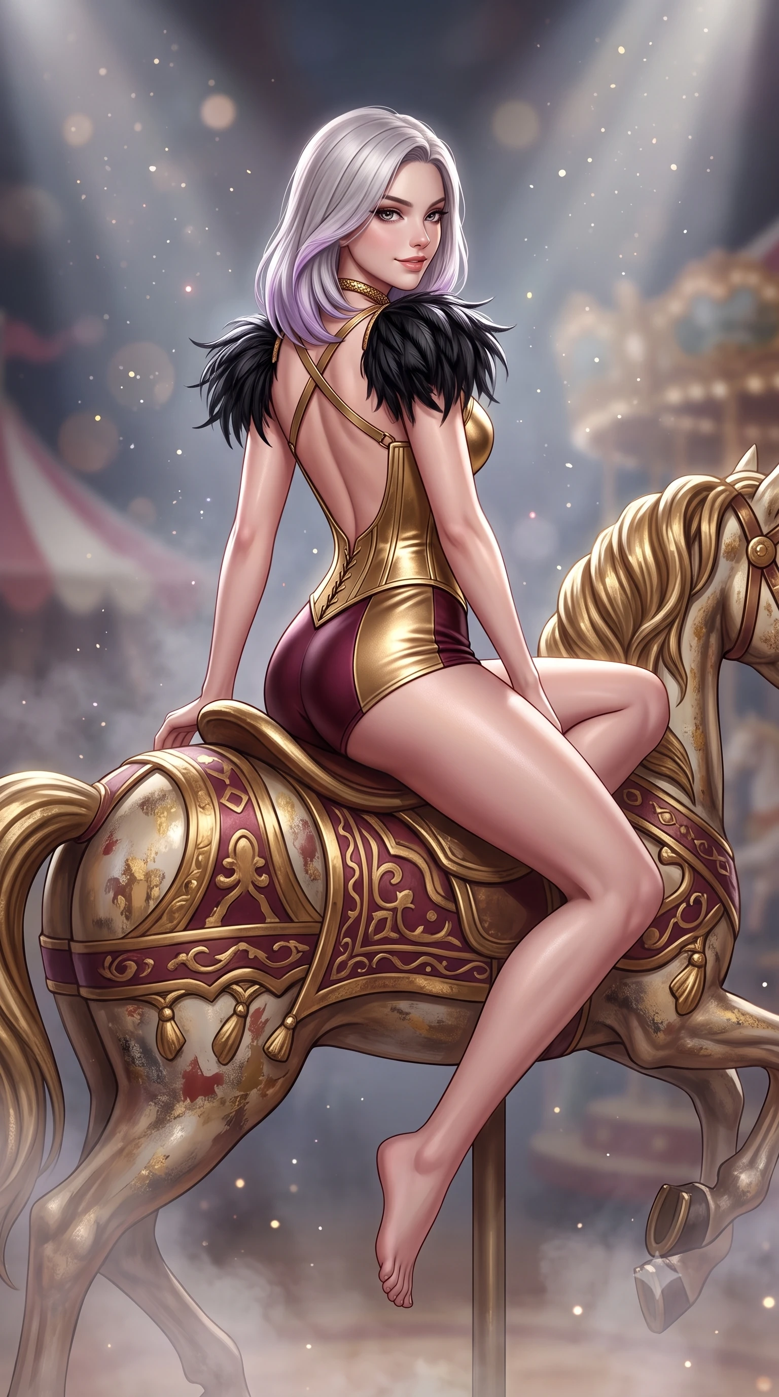 score_9, masterpiece, best quality, ultra-detailed, high-budget anime keyframe, semi-realistic 3D game render, editorial fashion photography, tasteful artistic composition, Caucasian woman. low angle full-body shot from head to toe showing her feet, filling the entire 9:16 vertical frame with her statuesque presence, stretching her vertical silhouette. reclining on her side in an elegant Cleopatra pose with one knee drawn up, the dramatic contour of her rounded hips and long slender legs commanding the 9:16 vertical frame while perching sideways on the saddle of an antique carousel horse, looking back over a bare shoulder with an intoxicating, teasing smile. The composition keeps background elements in soft focus with creamy bokeh. drifting stage haze and floating glitter particles catching spotlight rays across the arena. She has an absolutely perfect, statuesque 8.5-heads proportion, an exceptionally tall and slender model-like female figure with impossibly long slender legs, a toned flat midriff, an ultra-slim waist, and beautifully sculpted feminine hips. sharp v-shaped jawline, high-bridge nose, intricate jewel-like eyes with depth, thick eyelashes, glossy parted lips with a natural sheen, intensely captivating and seductive bedroom-eyes expression, flawlessly proportioned anatomical accuracy, strict slender model proportions, natural body alignment, perfectly sculpted long slender limbs, ultra-slim waistline, clean dynamic posture without body distortion. wearing a sculptured metallic gold corseted leotard with crossed back harness straps and boy-short leg cut in antique burgundy wine and shimmering gold, formed from supple second-skin lambskin leather with liquid drape, complemented by dramatic black ostrich shoulder epaulets and a gold serpent choker, the dramatically scooped open back descending to the base of her spine, accentuating her razor-sharp statuesque lines and curvy hourglass silhouette. surrounded by an eccentric, spellbinding, and dangerously seductive circus queen aura. highly saturated vibrant anime colors, detailed shading with soft gradients, rich glossy textures, high-contrast stereoscopic depth, volumetric dynamic lighting, master piece, 9:16 ratio