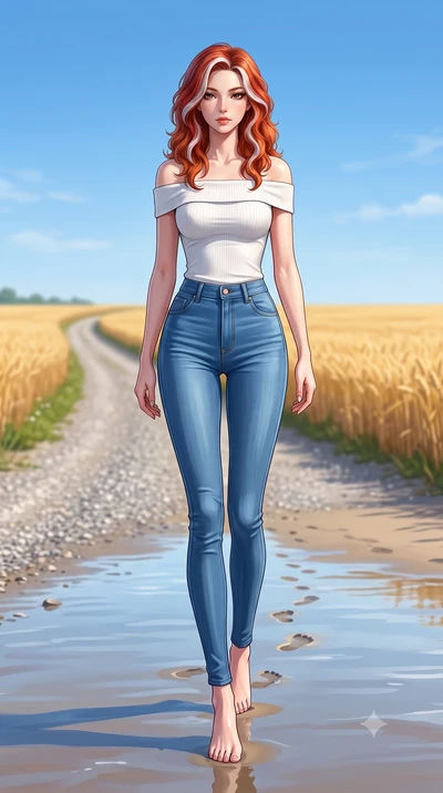 score_9, masterpiece, best quality, ultra-detailed, high-budget anime keyframe, editorial fashion photography, tasteful artistic composition, Caucasian woman woman. low angle full-body shot from head to toe showing her feet, filling the entire 9:16 v