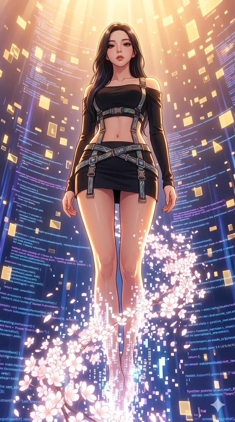 첨부의 캐릭터를 고정하여, 마이크 그리지 말것, score_9, masterpiece, best quality, ultra-detailed, High-budget Anime Keyframe, vibrant colors, fluid line-art, expressive lighting, cinematic composition, Ufotable-style visual effects, top-tier animation quality, Korean woman with idol-like refined features. Dramatic low angle looking up at her majestic stature, dominating the vertical space of the composition. Vanishing into a sudden cloud of glowing cherry blossoms and digital pixels to escape an incoming attack. She has an absolutely perfect 8-heads proportion, an exceptionally tall and slender female figure with impossibly long slender legs and an ultra-slim waist, her statuesque height and towering silhouette dominating the vertical 9:16 frame. Her face is a masterpiece featuring a sharp v-shaped jawline, high-bridge nose, intricate jewel-like eyes with depth, thick eyelashes, and glossy lips with a natural sheen. She is wearing a Off-shoulder crop top paired with micro-skirts and thigh-high fishnet stockings crafted from Carbon-fiber weave with a high-tech matte finish and integrated glowing filaments, with an exposed midriff and a complex harness system that draws the eye. The scene is set in an abstract digital void with floating golden geometric shapes and rivers of flowing code, illuminated by golden hour sunlight that gives her skin a warm, radiant glow. 2k, ultra detail, master piece, 9:16 ratio
