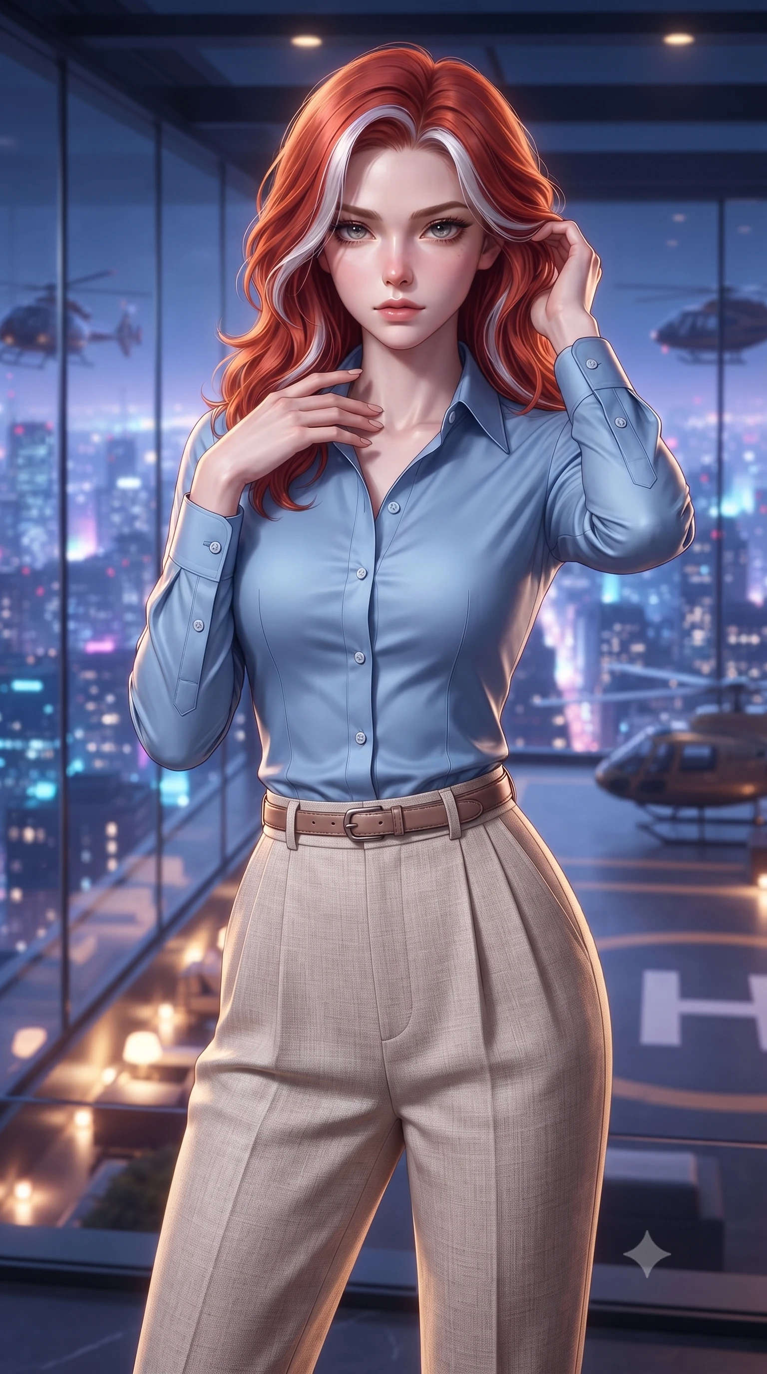 score_9, masterpiece, best quality, ultra-detailed, high-budget anime keyframe, editorial fashion photography, tasteful artistic composition, Caucasian woman. close-up cowboy shot from the waist and thighs up, the character dominates the composition, filling the frame with her large presence, background elements kept in soft focus. standing with one hand resting on her collarbone, looking at the viewer with bedroom-eyes the background shows a soft-focus a modern rooftop helicopter lounge with glass walls overlooking skyscrapers. She has an exceptionally elegant, slender, and willowy female figure with an ultra-slim waist, a gracefully sculpted slender torso, and a refined silhouette. sharp v-shaped jawline, high-bridge nose, intricate jewel-like eyes with depth, thick eyelashes, glossy lips with a natural sheen. wearing a slim-fit tailored sky blue button-down shirt tucked into high-waisted beige linen trousers. glittering blue and violet city skyline lights contrasting with warm room lights. ultra-reflective glossy finish, specular highlights, metallic sheen, high-contrast stereoscopic depth, volumetric dynamic lighting, 2k, ultra detail, master piece, 9:16 ratio