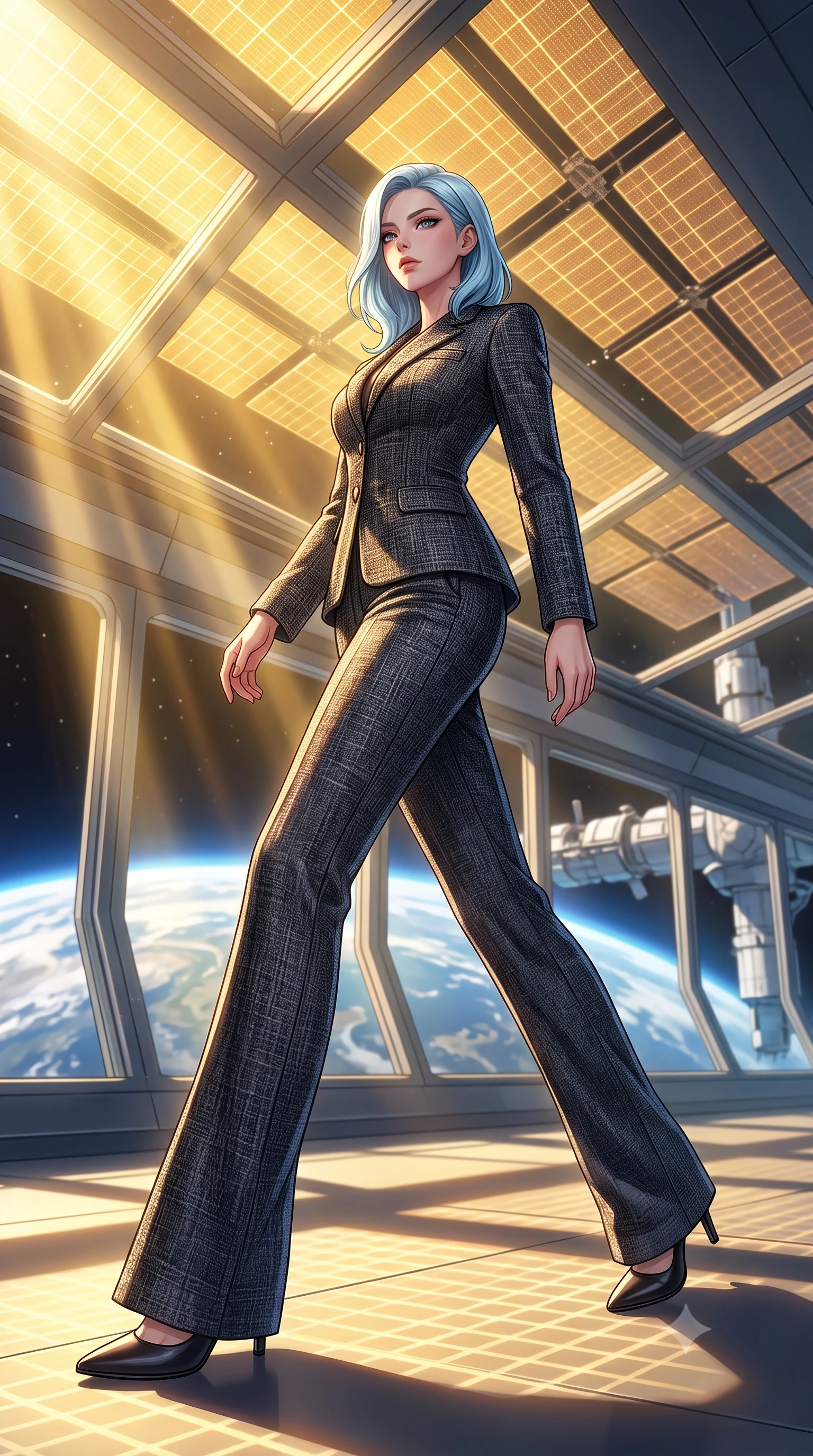score_9, masterpiece, best quality, ultra-detailed, high-budget anime keyframe, editorial fashion photography, tasteful artistic composition, Korean woman woman. low angle full-body shot from head to toe showing her feet, filling the entire 9:16 vertical frame with her statuesque presence, stretching her vertical silhouette. She has an absolutely perfect, statuesque 8.5-heads proportion, an exceptionally tall and slender model-like female figure with impossibly long slender legs and an ultra-slim waist. stepping gracefully forward in a proud statuesque stride, her body turning in a fluid S-curve silhouette, flawlessly proportioned anatomical accuracy, natural body alignment, perfectly sculpted elegant limbs, clean dynamic posture without body distortion. set against a soft-focus background of an orbital solarium deck with giant gold solar panels overlooking Earth. wearing a tailored charcoal tweed suit jacket with high-waisted wide trousers. bathed in intense golden hour solar light slicing through glass ceiling panels. highly saturated vibrant anime colors, detailed shading with soft gradients, rich glossy textures, high-contrast stereoscopic depth, volumetric dynamic lighting, master piece, 9:16 ratio