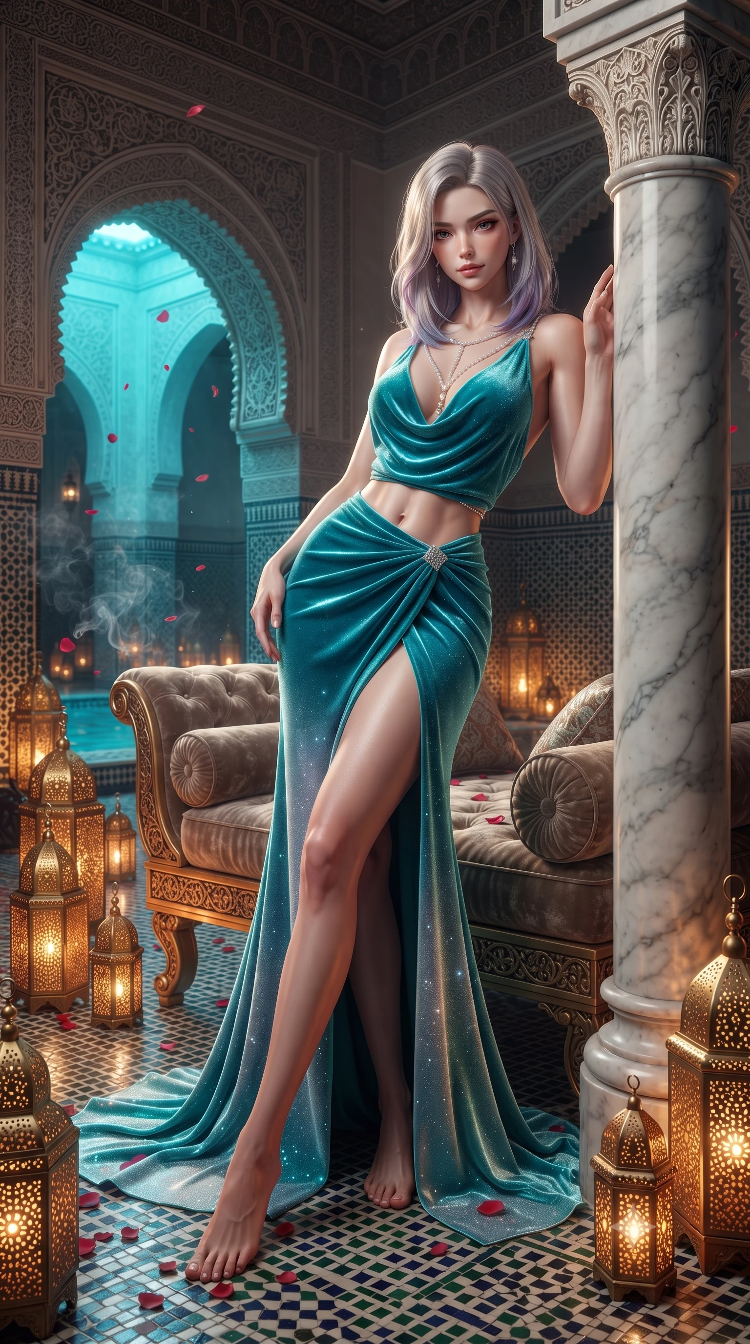 score_9, masterpiece, best quality, ultra-detailed, high-budget anime keyframe, editorial fashion photography, tasteful artistic composition, Caucasian woman. low angle full-body shot from head to toe showing her feet, filling the entire 9:16 vertical frame with her statuesque presence, stretching her vertical silhouette. lounging on the lavish daybed with legs crossed and hips angled toward the camera, displaying her toned midriff and long slender limbs with effortless siren poise while leaning against the fluted marble column under a soaring carved stucco arch with hips cocked back, looking into the camera with an intoxicating bedroom-gaze. The surrounding environment is rendered in vivid detail and crisp panoramic clarity: sharp geometric zellij mosaic tile seams, hand-carved arabesque plaster fretwork, and floating rose petal textures in deep focus. She has an absolutely perfect, statuesque 8.5-heads proportion, an exceptionally tall and slender model-like female figure with impossibly long slender legs, an ultra-slim waist, a flat toned midriff, narrow delicate ribcage, and beautifully sculpted feminine hips creating a graceful, slim hourglass silhouette without any bulky heaviness. sharp v-shaped jawline, high-bridge nose, sparkling eyes with hypnotic seductive depth, thick curled eyelashes, glossy parted lips with a natural dewy peach sheen, alluring bedroom-eyes with an enchanting coquettish smile, exuding magnetic siren charisma and sophisticated glamour, flawlessly proportioned anatomical accuracy, strict slender model proportions, natural body alignment, perfectly sculpted long slender limbs, ultra-slim waistline, clean dynamic posture without body distortion. wearing a plunging cowl-neck liquid silk evening gown with dramatic train and diamond-accented waist cinch in bioluminescent neon teal and starlight silver, tailored from ultra-plush velvet with rich tactile depth and deep shadow gradients, accented with a pearl-drop body harness subtly framing her dewy collarbones and spine, the high-slit wrap tailoring accentuating her ultra-slim waistline and the enchanting curve of her feminine hips with alluring seductive charm. bathed in the warm, flickering amber glow of dozens of perforated brass floor lanterns mixed with underwater turquoise pool illumination. ultra-reflective glossy finish, specular highlights, rich textural contrasts, high-contrast stereoscopic depth, volumetric dynamic lighting, 2k, ultra detail, master piece, 9:16 ratio