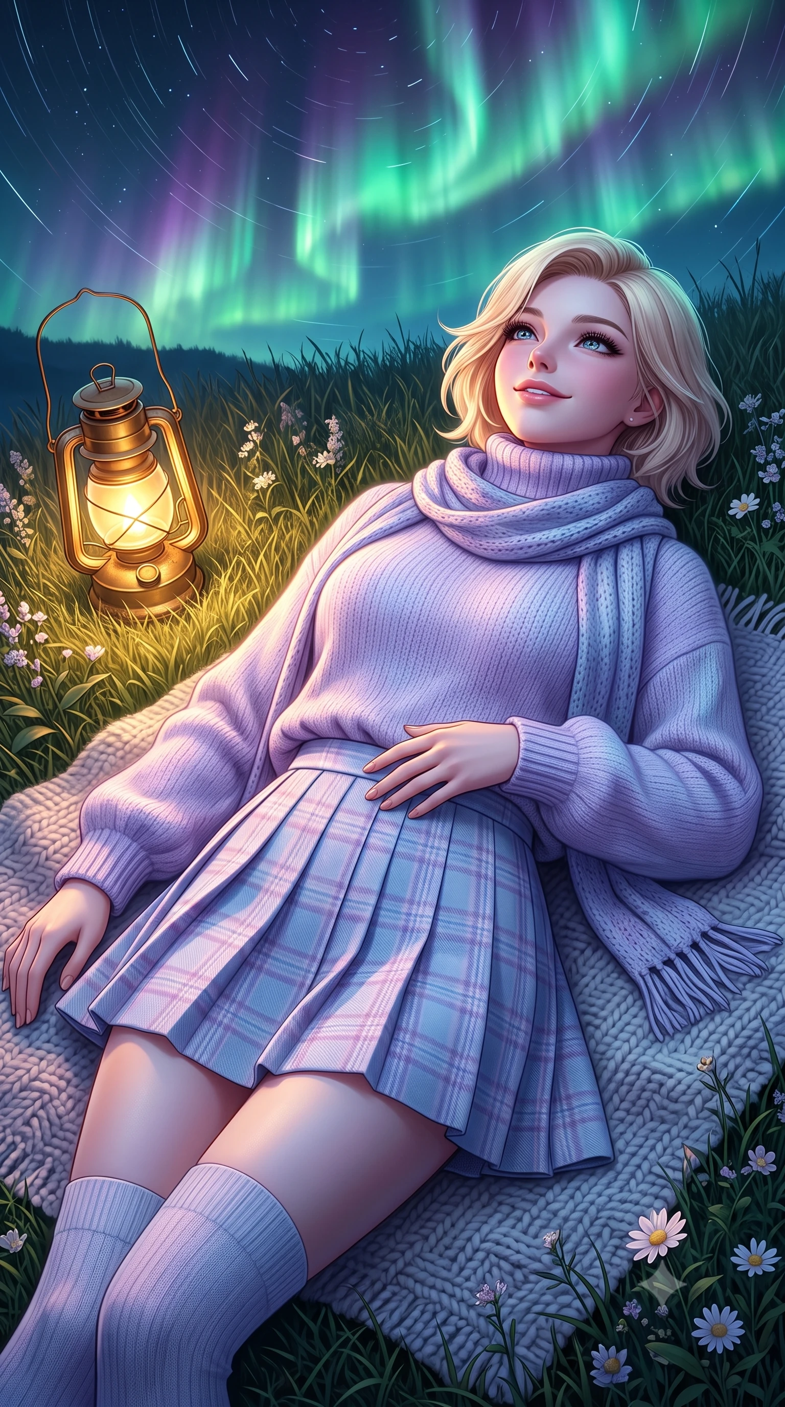score_9, masterpiece, best quality, ultra-detailed, high-budget anime keyframe, semi-realistic 3D game render, editorial fashion photography, tasteful artistic composition, Caucasian woman. close-up cowboy shot from the waist and thighs up, the character dominates the composition, filling the frame with her large presence. resting one hand lightly on her waist while casting a charming, captivating side-gaze with thick eyelashes while lying on the soft grass looking up at dancing emerald aurora borealis waves with a dreamy, affectionate smile. The surrounding environment is rendered in vivid detail and crisp panoramic clarity. sharp star trails, textured wool blanket weave, and delicate wild nighttime flowers in deep focus. She has an exceptionally elegant, slender, and willowy female figure with an ultra-slim waist, a gracefully sculpted slender torso, toned flat midriff, and a refined slim silhouette. sharp v-shaped jawline, high-bridge nose, intricate jewel-like eyes with depth, thick eyelashes, glossy lips with a natural sheen, pure and lovely fresh girlhood expression, flawlessly proportioned anatomical accuracy, strict slender model proportions, natural body alignment, perfectly sculpted long slender limbs, ultra-slim waistline, clean dynamic posture without body distortion. wearing a cozy oversized turtleneck knit jumper paired with a pleated plaid wool skirt and knee-high socks in soft pastel lavender and delicate sky blue, tailored from soft pastel lightweight wool blend with subtle texture, finished with a lightweight knitted scarf draped loosely around her neck, the chic real-way fashion cut emphasizing her effortless charm, flat midriff, and slender model proportions. bathed in dancing emerald and violet aurora glow combined with warm golden brass lantern uplights. highly saturated vibrant anime colors, detailed shading with soft gradients, rich glossy textures, high-contrast stereoscopic depth, volumetric dynamic lighting, master piece, 9:16 ratio
