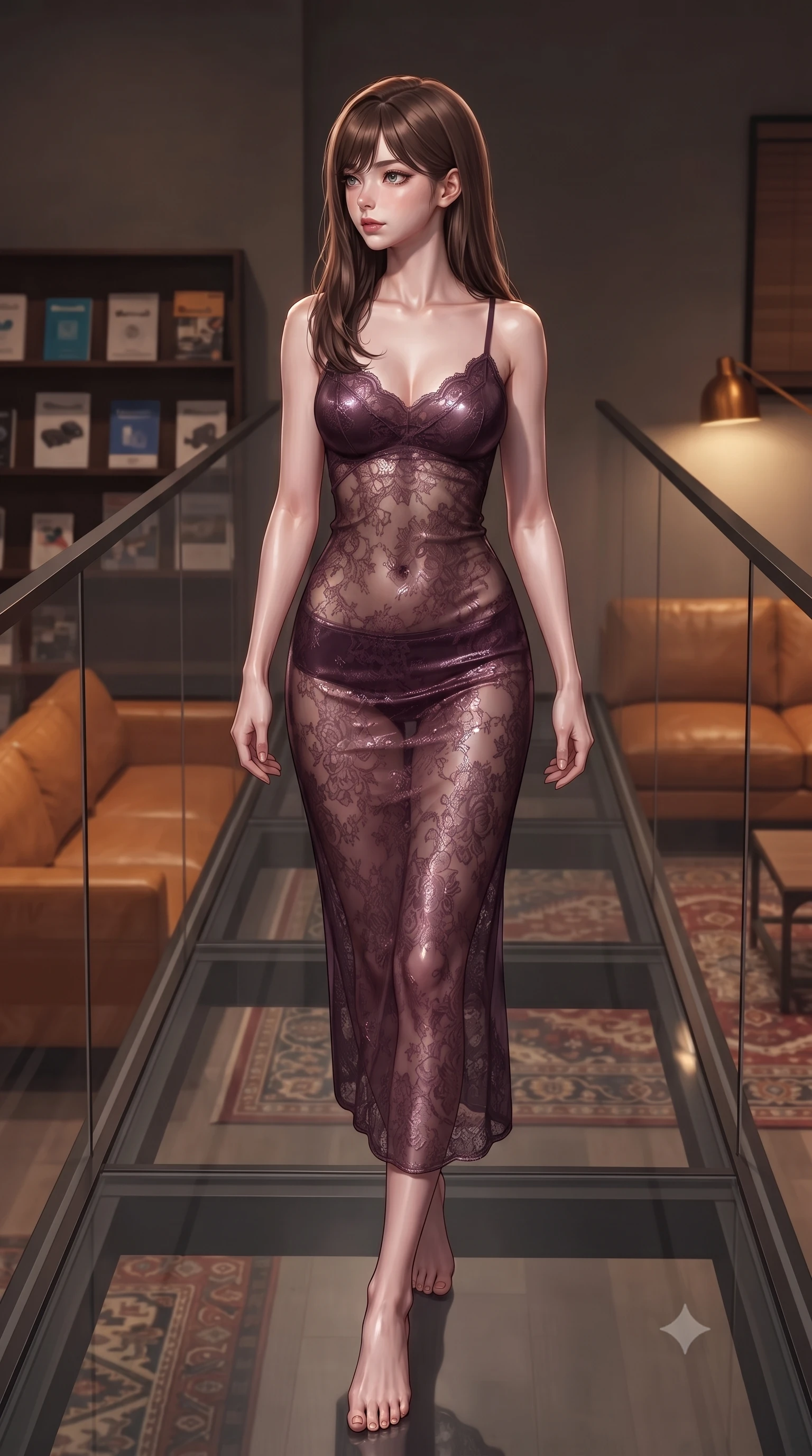 score_9, masterpiece, best quality, ultra-detailed, high-budget anime keyframe, editorial fashion photography, tasteful artistic composition, Korean woman. low angle full-body shot from head to toe showing her feet, filling the entire 9:16 vertical frame with her statuesque presence, stretching her vertical silhouette. walking slowly along a glass skybridge, looking back over her shoulder with an air of effortless grace, the background shows a soft-focus a capsule hotel lounge corner with leather sofas, manuals, and rugs. She has an absolutely perfect, statuesque 8.5-heads proportion, an exceptionally tall and slender model-like female figure with impossibly long slender legs and an ultra-slim waist. sharp v-shaped jawline, high-bridge nose, intricate jewel-like eyes with depth, thick eyelashes, glossy lips with a natural sheen. wearing a body-hugging sheer lace slip dress in deep plum, showing a glimpse of her delicately sculpted midriff. warm amber desk lamp casting cozy, tense shadows on her profile. ultra-reflective glossy finish, specular highlights, metallic sheen, high-contrast stereoscopic depth, volumetric dynamic lighting, 2k, ultra detail, master piece, 9:16 ratio