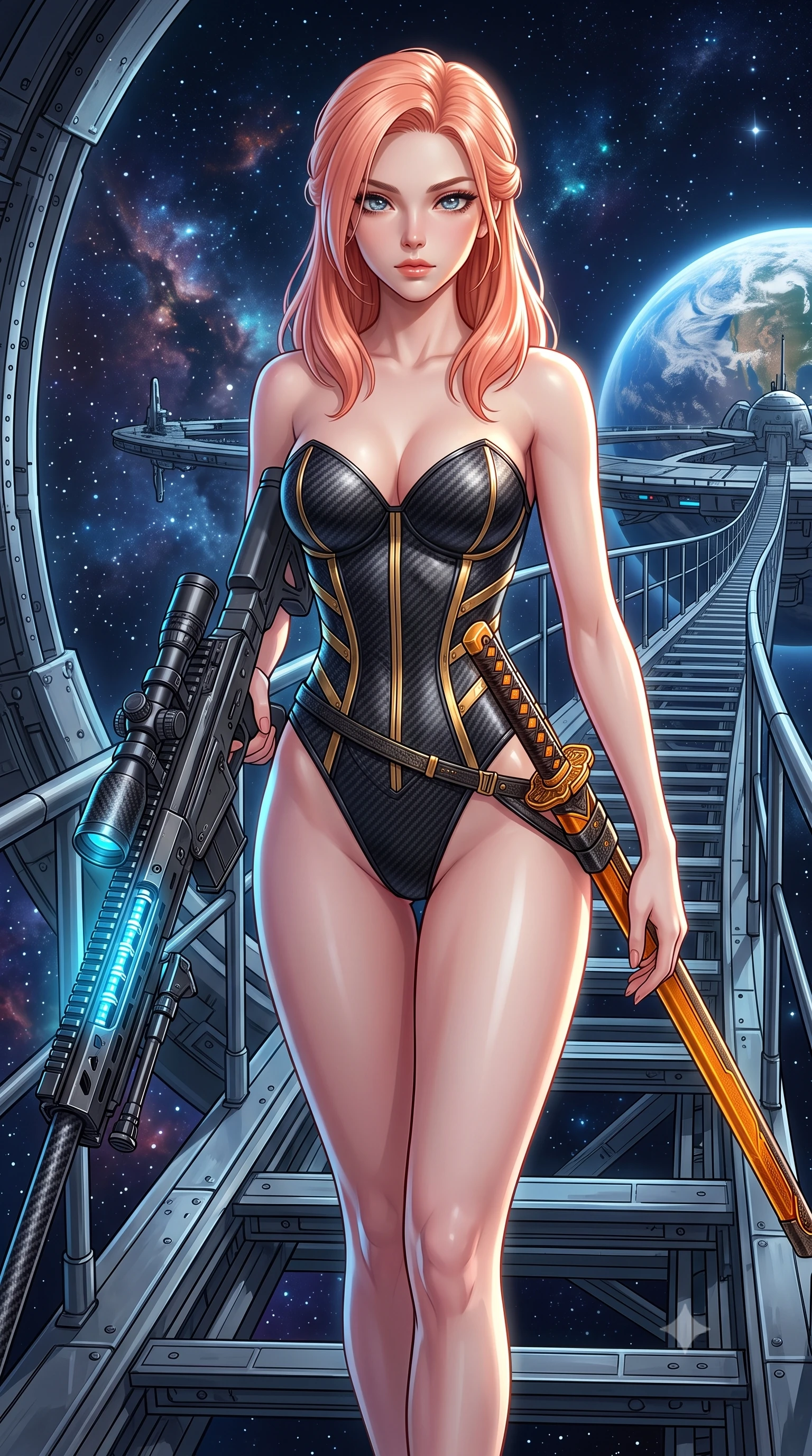 score_9, masterpiece, best quality, ultra-detailed, high-budget anime keyframe, semi-realistic 3D game render, editorial fashion photography, tasteful artistic composition, Japanese woman. close-up cowboy shot from the waist and thighs up, the character dominates the composition, filling the frame with her large presence. gazing forward with divine sovereign poise, captivating jewel-like eyes shining with transcendent focus while holding her weapon with effortless mastery while stepping along a suspended gantry extending into the starry void with sniper rifle held in a relaxed, sovereign posture. The surrounding environment is rendered in vivid detail and crisp panoramic clarity. sharp carbon-fiber rifle barrel weave, glowing blue railgun accelerator coils, and space station rivets in deep focus. She has an exceptionally elegant, slender, and willowy female figure with an ultra-slim waist, a gracefully sculpted slender torso, toned flat midriff, and a refined slim silhouette. sharp v-shaped jawline, high-bridge nose, intricate jewel-like eyes with depth, thick eyelashes, glossy lips with a natural sheen, flawlessly proportioned anatomical accuracy, strict slender model proportions, natural body alignment, perfectly sculpted long slender limbs, ultra-slim waistline, clean dynamic posture without body distortion. wearing a precision-tailored high-fashion carbon-fiber corset bodysuit with gold mechanical rib boning, wielding a glowing energy katana with royal elegance in molten amber-gold carbon cuirass with dark titanium weave, crafted from semi-translucent cybernetic carbon-vinyl interwoven with glowing micro-filaments, finished with high-mobility articulation joints and miniature magnetic armor locks, the form-contouring material adhering flawlessly to her sculpted flat midriff and slender torso, emphasizing her long leg lines and perfectly proportioned willowy build. illuminated by glowing cyan rifle charging lights and sharp specular highlights tracing her slender curves. rich saturated anime colors with glowing neon highlights, detailed shading with soft gradients, rich glossy textures, high-contrast stereoscopic depth, volumetric dynamic lighting, master piece, 9:16 ratio