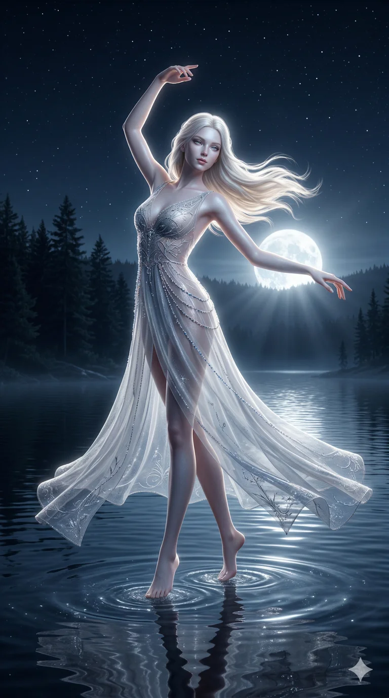 score_9, masterpiece, best quality, ultra-detailed, semi-realistic high-budget 3D game render, an incredibly beautiful ethereal Caucasian woman with flawless pale skin (strictly human ears). Dynamic full-body shot stretching vertically. She is a moon goddess dancing on a silver lake at midnight. She has an absolutely perfect 8-heads proportion, a towering female figure with long slender legs and a delicate skinny aesthetic. Her face is a masterpiece with platinum blonde hair and crystalline eyes. She is wearing a sheer fabric gown reflecting the moonlight, highlighting her alluring silhouette. Moonbeams and ripples on water, dramatic rim lighting, radiant glowing skin, 2k, ultra detail, master piece, 9:16 ratio