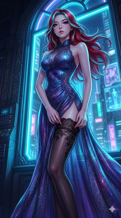 score_9, masterpiece, best quality, ultra-detailed, High-budget Anime Keyframe, East Asian woman. Low angle cowboy shot filling the entire 9:16 frame with her statuesque presence. Scenario 287: Adjusting her thigh-high stocking by a glowing neon wind