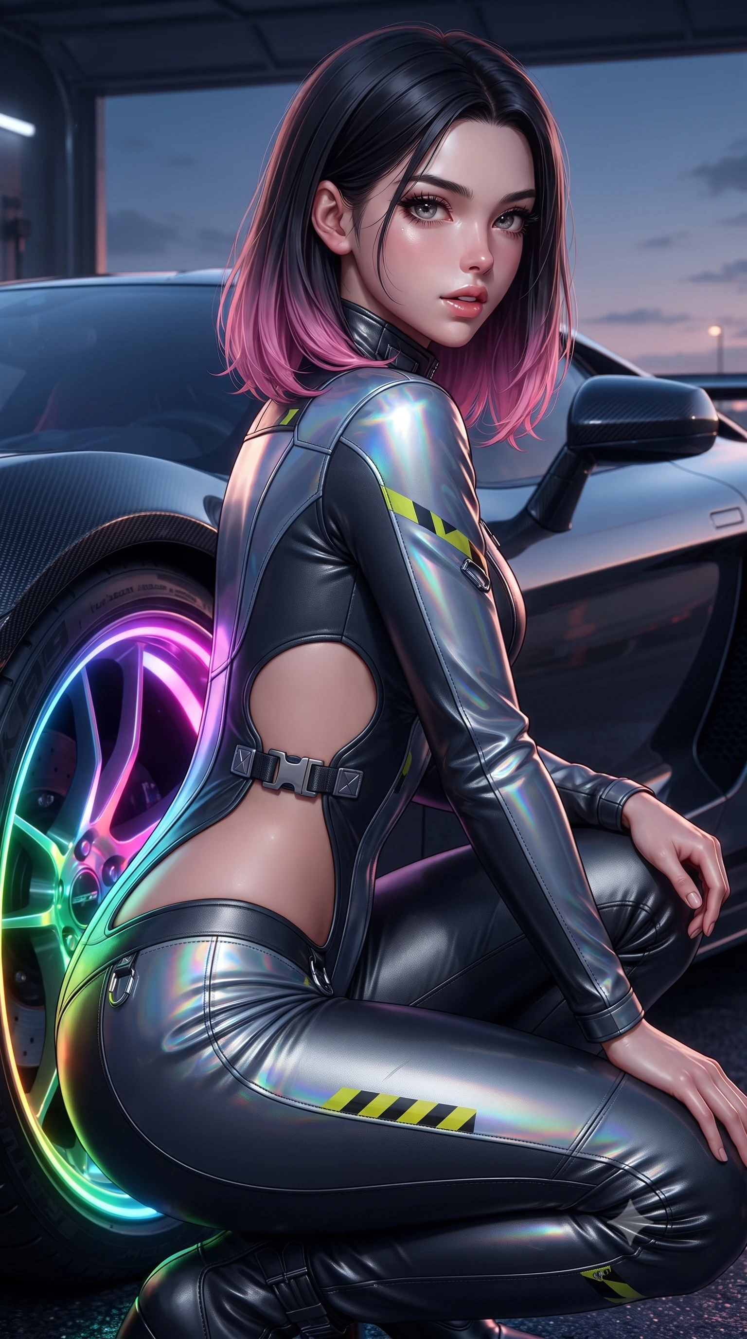 score_9, masterpiece, best quality, ultra-detailed, high-budget anime keyframe, editorial fashion photography, tasteful artistic composition, Korean woman. close-up cowboy shot from the waist and thighs up, the character dominates the composition, filling the frame with her large presence. turning over a bare shoulder with an intoxicating, teasing smile, her soft hair framing her sharp jawline as she looks back while crouching low beside a glowing neon wheel rim, one hand resting on her thigh, casting an intense, electrifying smirk. The surrounding environment is rendered in vivid detail and crisp panoramic clarity. sharp carbon-fiber weave textures, polished hypercar body reflections, and tire tread grooves in deep focus. She has an exceptionally elegant, slender, and willowy female figure with an ultra-slim waist, a gracefully sculpted slender torso, toned flat midriff, and a refined slim silhouette. sharp v-shaped jawline, high-bridge nose, intricate jewel-like eyes with depth, thick eyelashes, glossy parted lips with a natural sheen, intensely captivating and seductive expression, flawlessly proportioned anatomical accuracy, strict slender model proportions, natural body alignment, perfectly sculpted long slender limbs, ultra-slim waistline, clean dynamic posture without body distortion. wearing a high-collar leather speedsuit featuring bold side-torso cutouts and quick-release titanium buckles in holographic silver prism and deep graphite, tailored from supple second-skin lambskin leather adhering to her curves, finished with high-visibility hazard warning tape details and carabiner clips, the athletic second-skin cut highlighting her toned flat midriff and slender model proportions during dynamic action. illuminated by wet specular asphalt bounce lights sculpting her toned midriff, slender waist, and long legs. ultra-reflective glossy finish, specular highlights, rich textural contrasts, high-contrast stereoscopic depth, volumetric dynamic lighting, 2k, ultra detail, master piece, 9:16 ratio