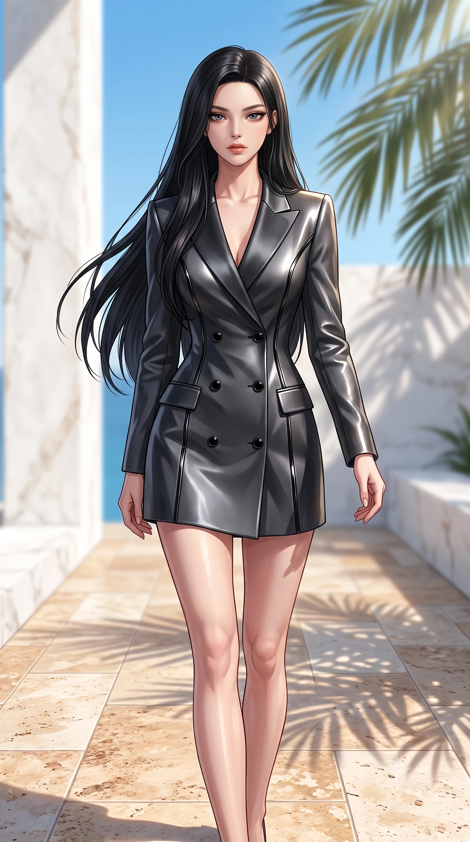 score_9, masterpiece, best quality, ultra-detailed, high-budget anime keyframe, editorial fashion photography, tasteful artistic composition, Korean woman. close-up cowboy shot from the waist and thighs up, the character dominates the composition, filling the frame with her large presence, background elements kept in soft focus. Casting a slow, direct gaze beneath heavy lashes with quiet intensity, walking across warm travertine tiles as palm fronds filter bright sunlight, crisp sky blue and white background providing high-definition contrast. She has an exceptionally elegant, slender, and willowy female figure with an ultra-slim waist, a gracefully sculpted slender torso, and a refined silhouette. sharp v-shaped jawline, high-bridge nose, intricate jewel-like eyes with depth, thick eyelashes, glossy lips with a natural sheen. wearing tailored double-breasted obsidian blazer dress with silk lapels in dark charcoal gray, made of sculpted obsidian metallic chrome, adorned with minimalist black onyx hardware framing the silhouette, accentuating her gracefully sculpted slender torso. illuminated by clear natural daylight and warm fill light from white stone. highly saturated vibrant anime colors, detailed shading with soft gradients, rich glossy textures, high-contrast stereoscopic depth, volumetric dynamic lighting, master piece, 9:16 ratio