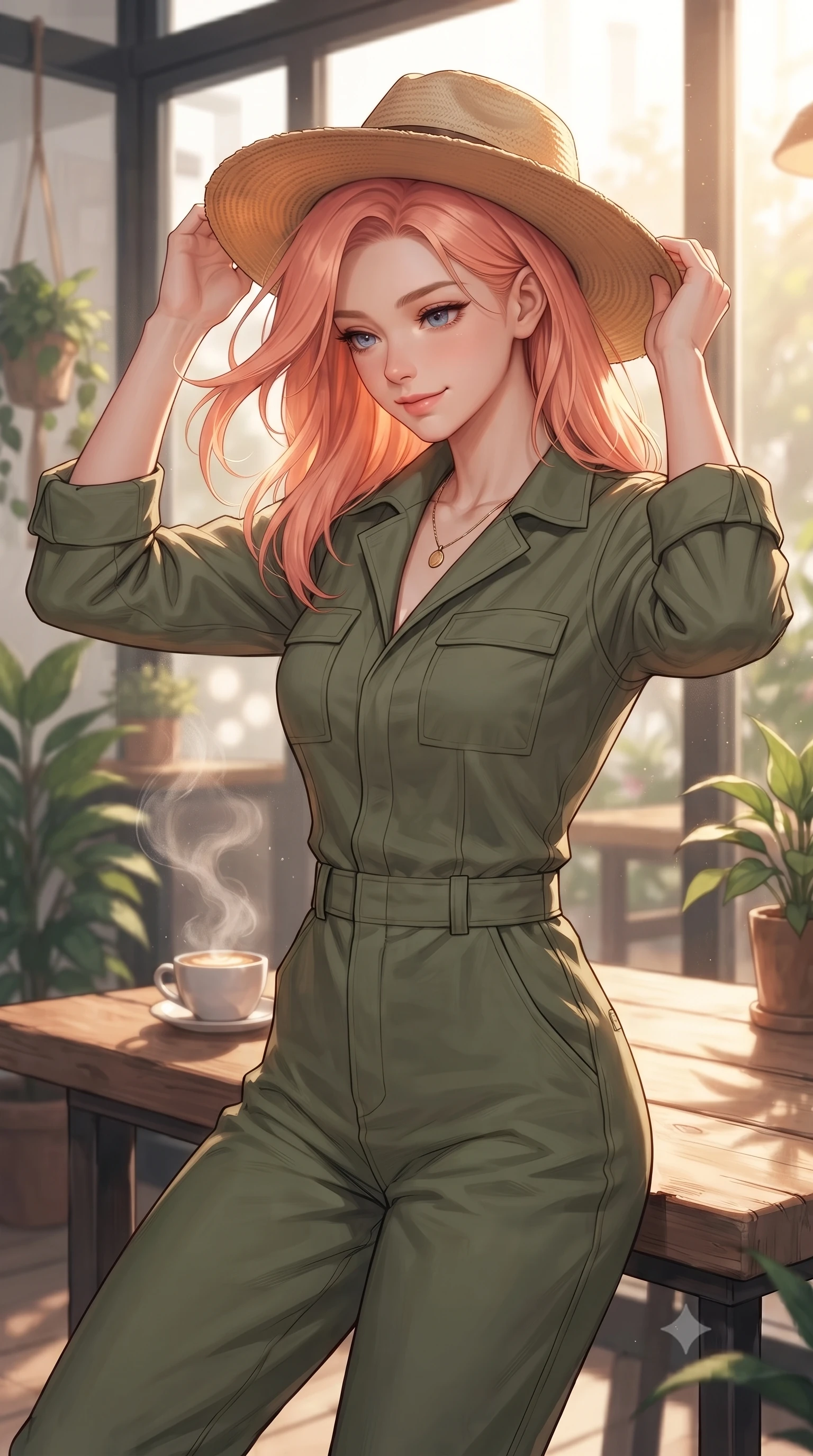 score_9, masterpiece, best quality, ultra-detailed, high-budget anime keyframe, editorial fashion photography, tasteful artistic composition, Japanese woman woman. close-up cowboy shot from the waist and thighs up, the character dominates the composition, filling the frame with her large presence, background elements kept in soft focus. holding a wide-brimmed straw hat with both hands against the breeze, looking down with a soft smile the background shows a soft-focus a cozy corner of a modern café with large glass windows, wooden tables, and green houseplants. She has an exceptionally elegant, slender, and willowy female figure with an ultra-slim waist, a gracefully sculpted slender torso, and a refined silhouette. sharp v-shaped jawline, high-bridge nose, intricate jewel-like eyes with depth, thick eyelashes, glossy lips with a natural sheen. wearing a body-hugging comfortable olive green cotton utility jumpsuit with a structured collar and rolled-up sleeves. warm morning sunbeams streaming through the window, highlighting coffee steam. ultra-reflective glossy finish, specular highlights, metallic sheen, high-contrast stereoscopic depth, volumetric dynamic lighting, 2k, ultra detail, master piece, 9:16 ratio